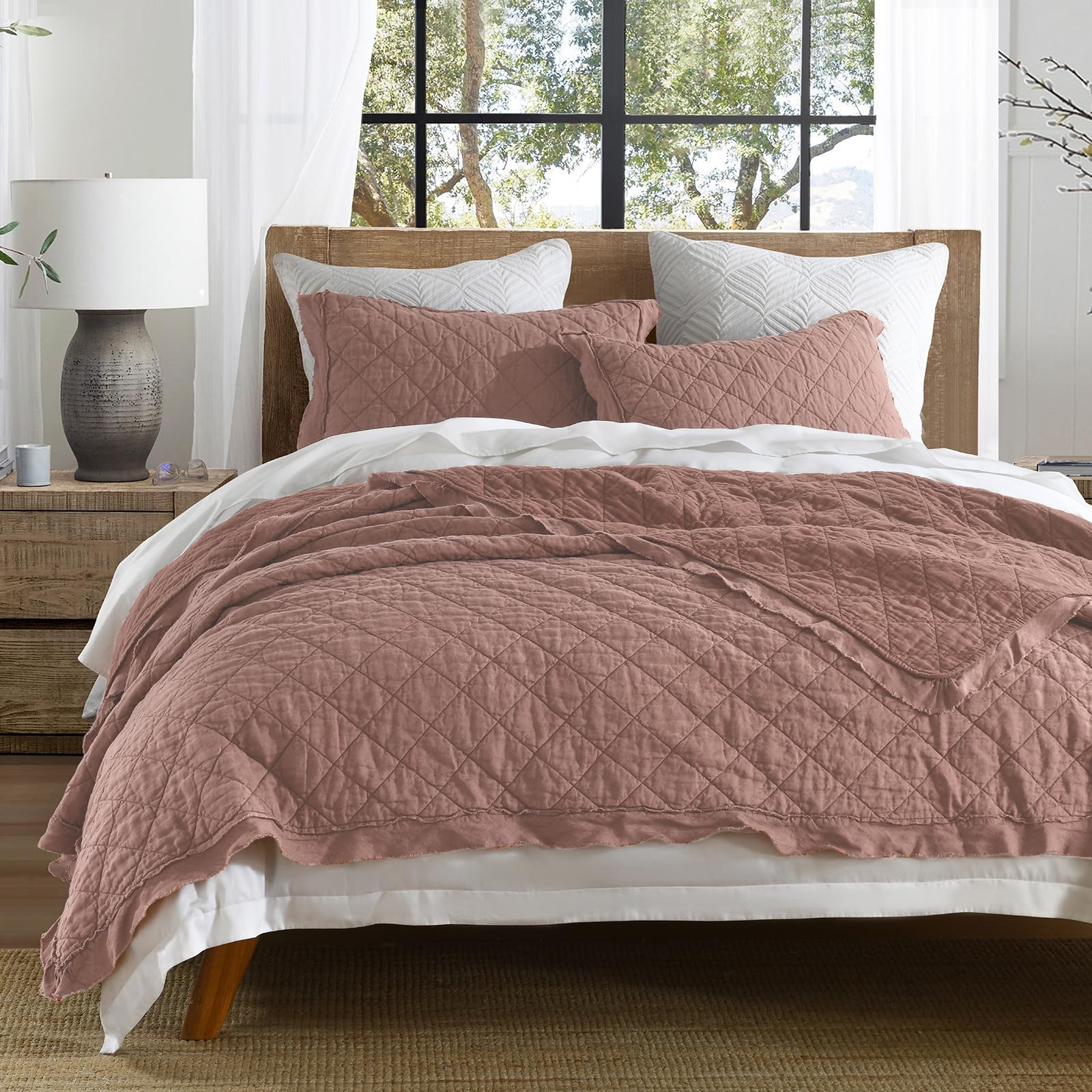 HORIMOTE HOME 100% Linen Front/100% Cotton Back Quilt Set Queen Size, White Pre-Washed European Flax Linen Quilt, Diamond Stitch Bedspread Coverlet Bedding Set 3-Piece for All Seasons