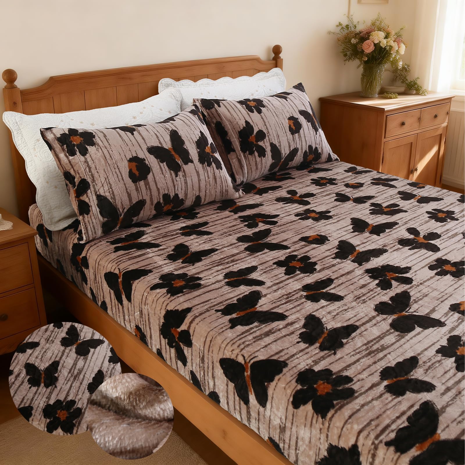 MAG 3Pcs Fleece Fitted Sheet Full Size with Brown Floral Pattern, Super Cute Fluffy Warm Flower Print Decor Bottom Sheets for Women Girls,included1*Fitted Sheet and 2*Pillowcases.