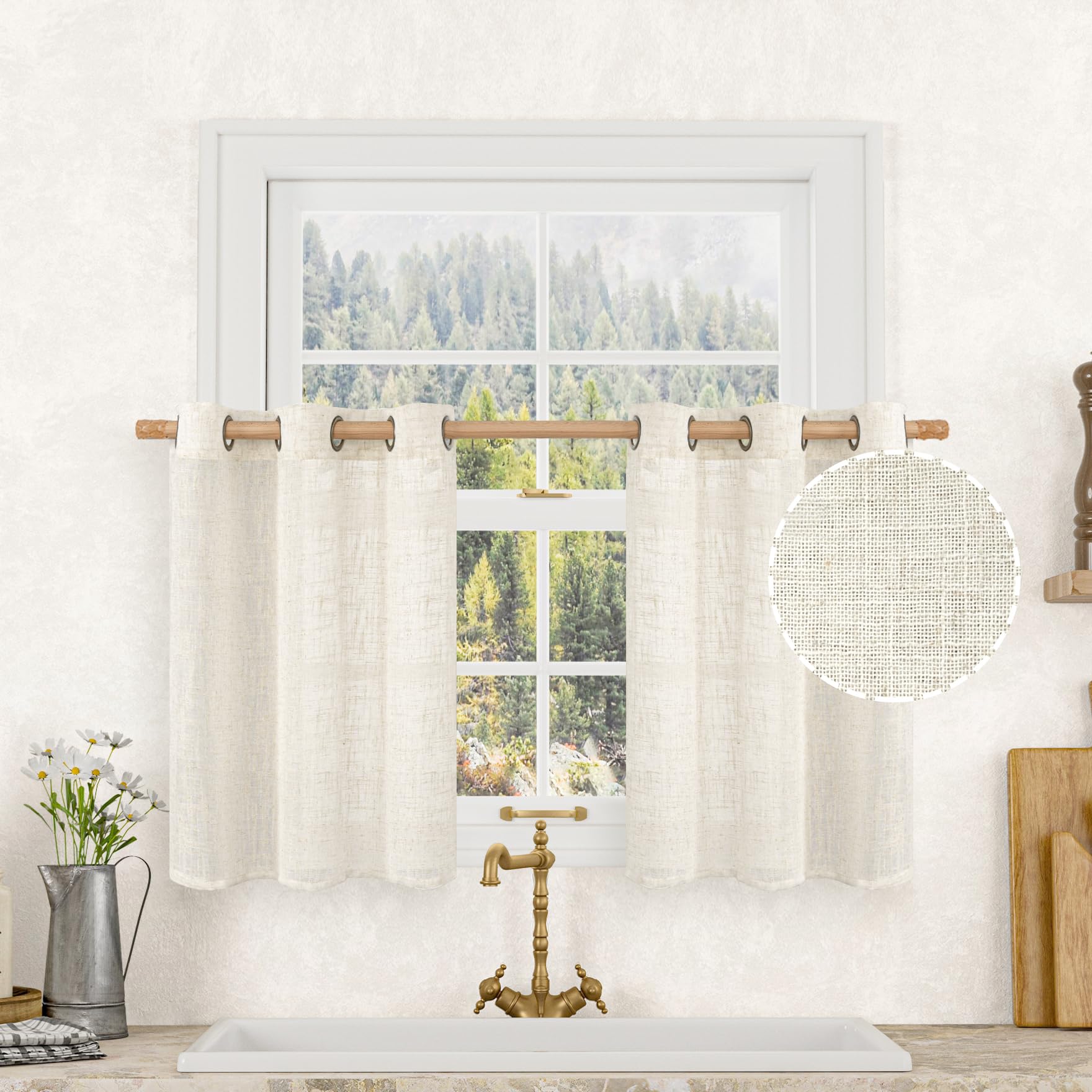 LAMIT Natural Ivory Linen Semi Sheer Curtains 84 inch Length, Cream Light Filtering Soft Thick Neutral Living Room Drapes with Bronze Grommet for Bedroom/Farmhouse, 2 Panels, 52 x 84 Inch