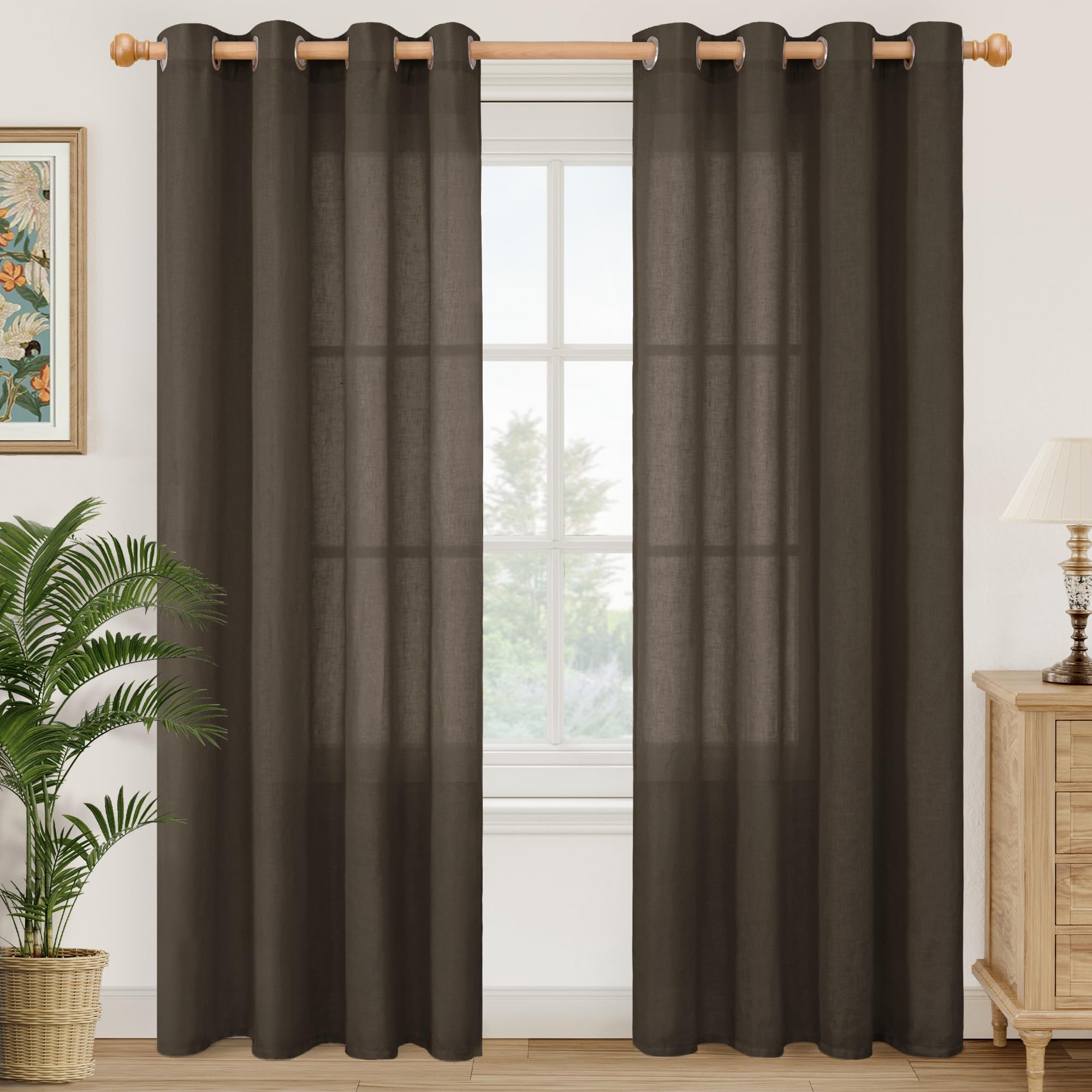 YoungsTex Linen Semi Sheer Curtains 63 Inch Length 2 Panels for Living Room - Light Filtering Drapes with Bronze Grommet Beige Window Treatments for Country Office Bedroom, 52 X 63 Inch