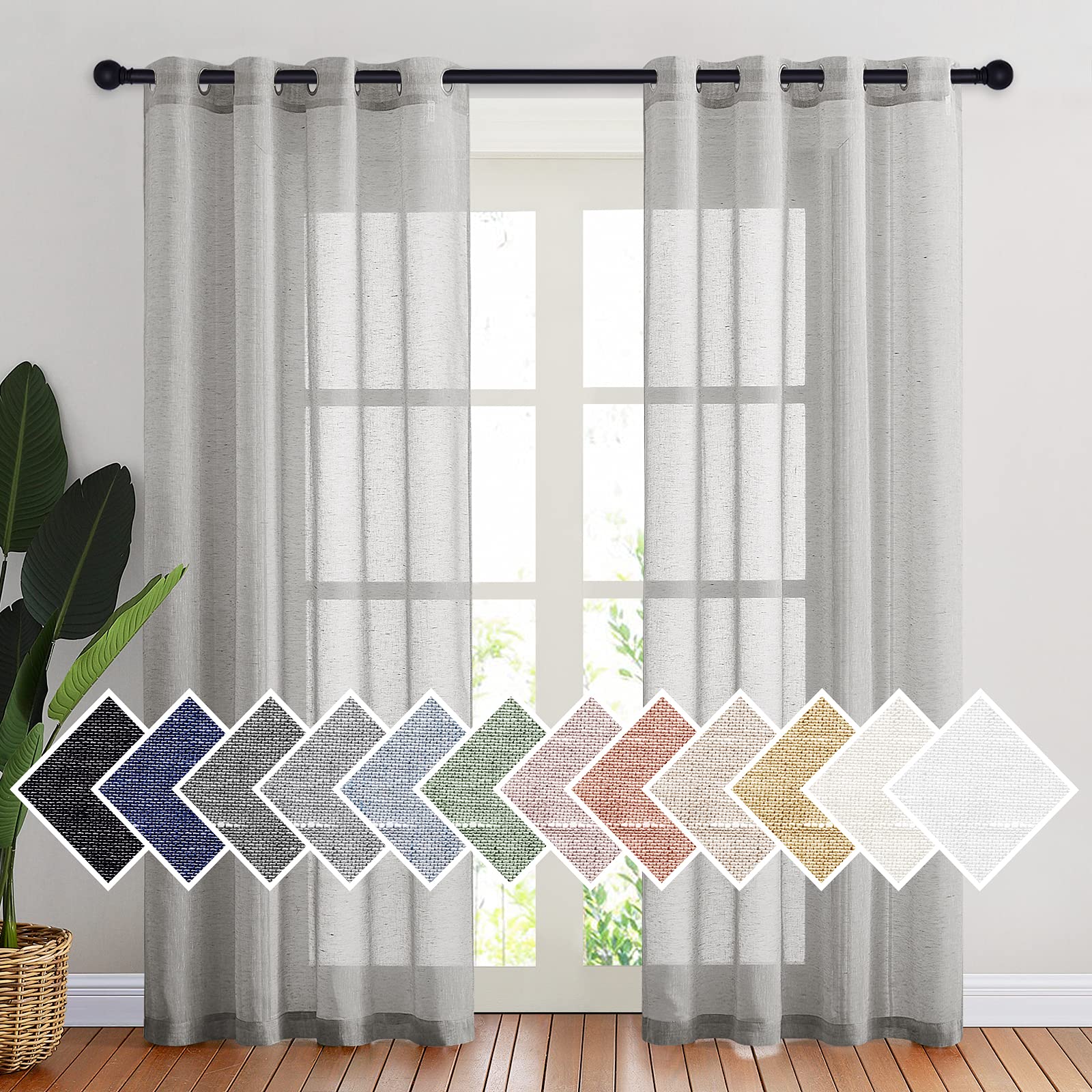 NICETOWN Semi Sheer Linen Curtains for Bedroom 84 inches Long, Grommet Privacy Vertical Farmhouse Window with Light Filtering for Living Room, Natural, W52 x L84, 2 Pieces