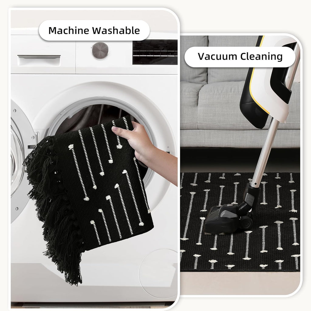 Tritard Washable Runners for Hallways 2x6 Boho Runner Rug with Tassels, Woven Cotton Kitchen Hallway Rug Runner Farmhouse Low Pile Rugs Carpet for Indoor Entryway Bathroom Laundry Bedroom, Black White