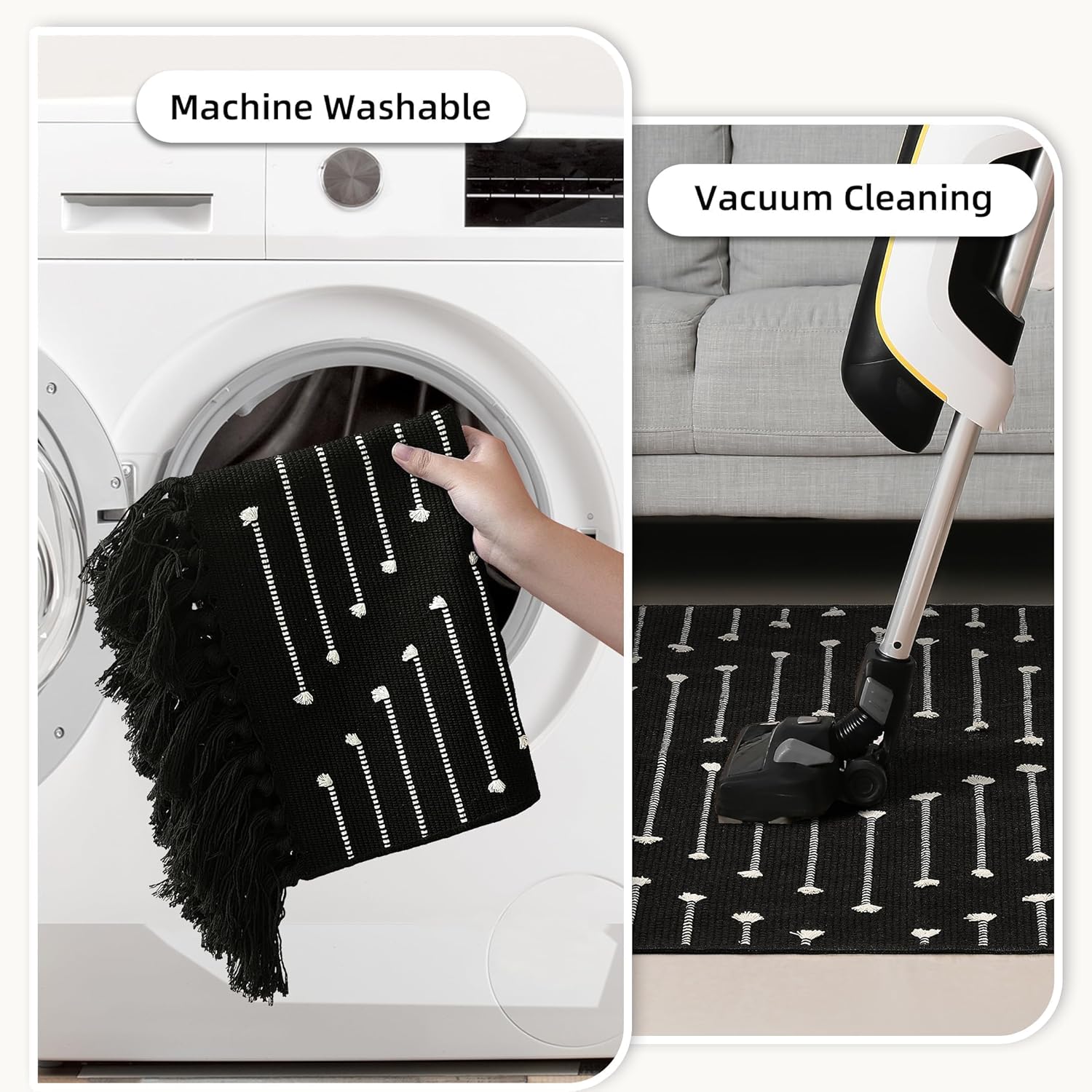 Tritard Washable Runners for Hallways 2x6 Boho Runner Rug with Tassels, Woven Cotton Kitchen Hallway Rug Runner Farmhouse Low Pile Rugs Carpet for Indoor Entryway Bathroom Laundry Bedroom, Black White