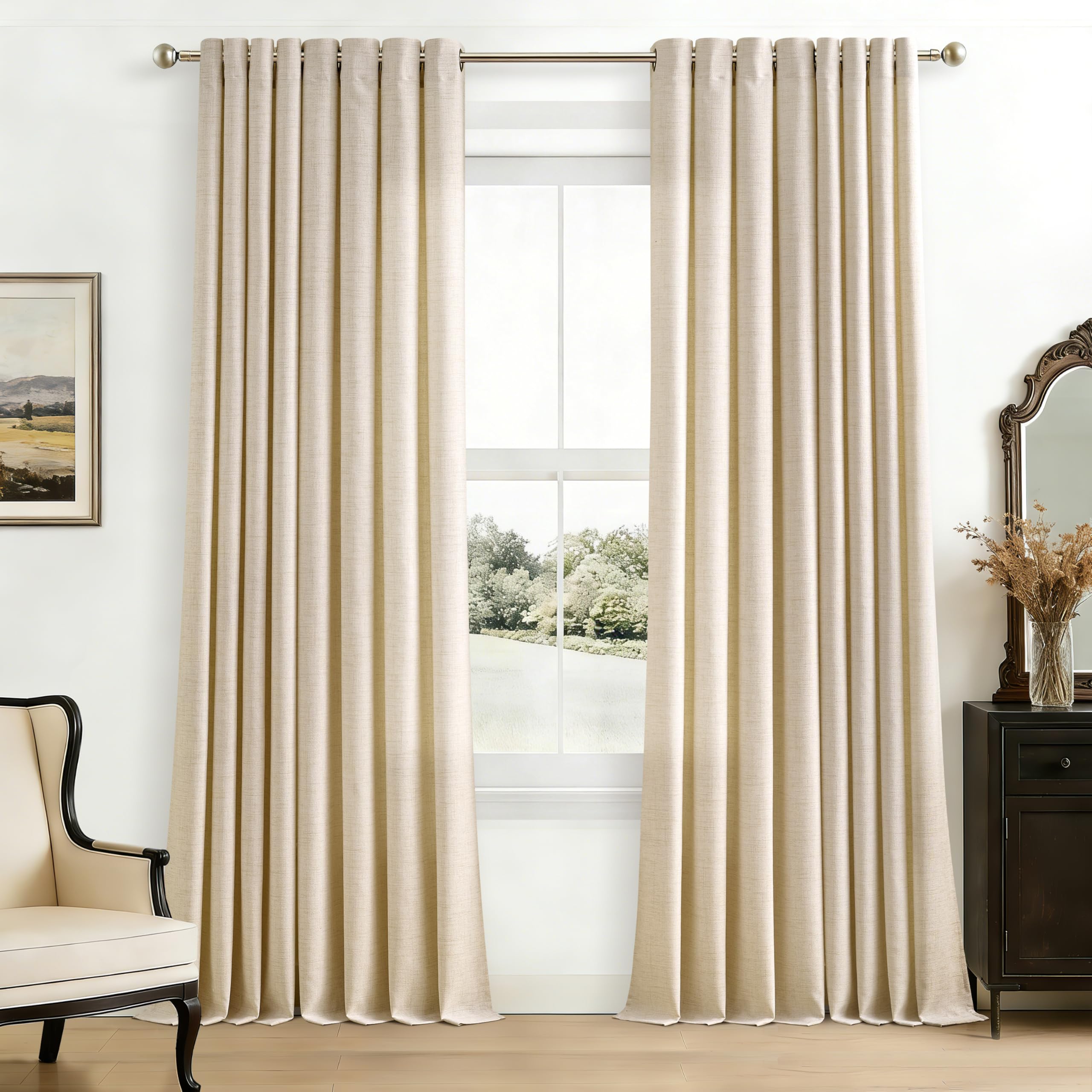 Natural Linen Curtains 96 Inches Long 2 Panels Bronze Grommet Curtain Burlap Ivory Cream Colored Light Filtering Semi Sheer Drapes Thick Linen Blend Floor to Ceiling Length Living Room 8ft