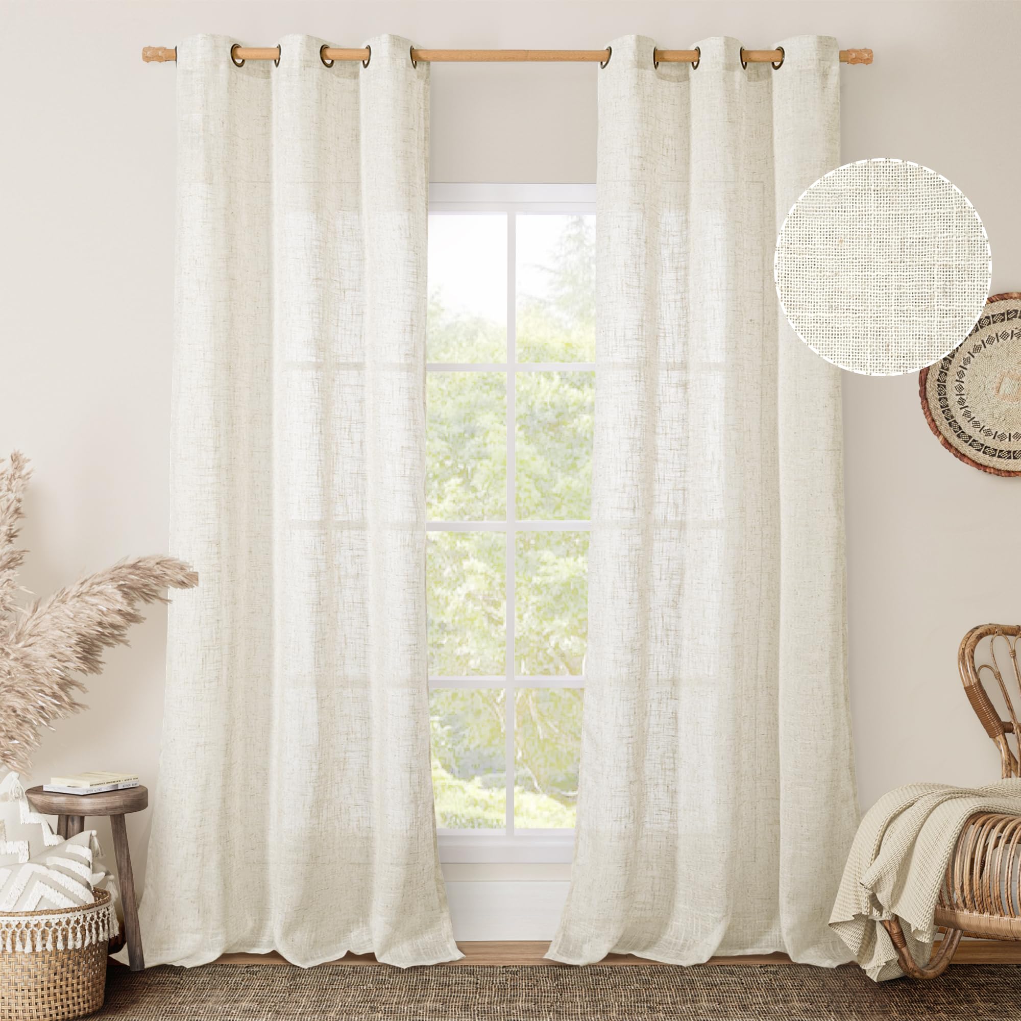 LAMIT Natural Ivory Linen Semi Sheer Curtains 84 inch Length, Cream Light Filtering Soft Thick Neutral Living Room Drapes with Bronze Grommet for Bedroom/Farmhouse, 2 Panels, 52 x 84 Inch