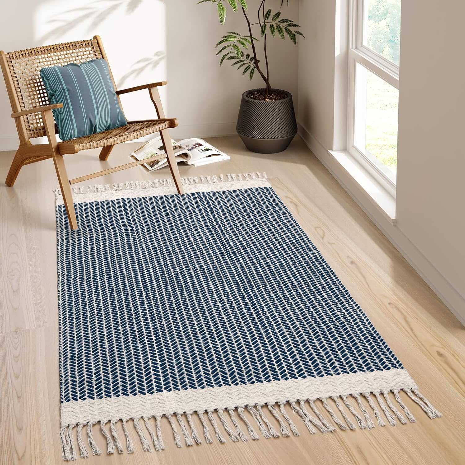 Lahome Belle Boho Hallway Runner Rug, 2x6 Laundry Room Lightweight Entry Woven Cotton Throw Mat with Tassels, Farmhouse Non Shedding Washable Black Low Pile Runner for Kitchen Bathroom