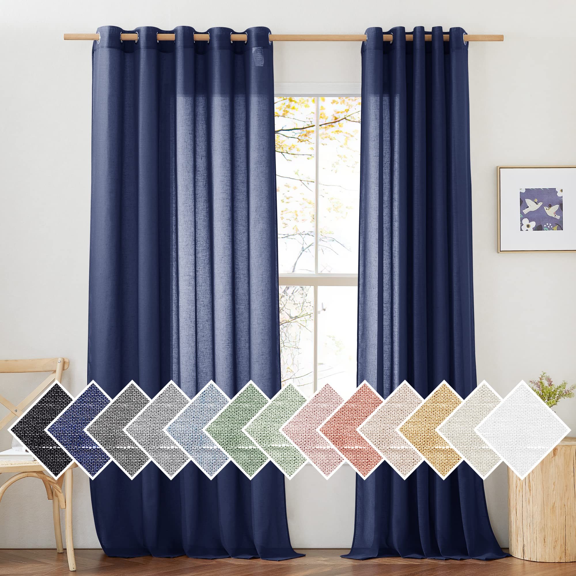 NICETOWN Semi Sheer Linen Curtains for Bedroom 84 inches Long, Grommet Privacy Vertical Farmhouse Window with Light Filtering for Living Room, Natural, W52 x L84, 2 Pieces