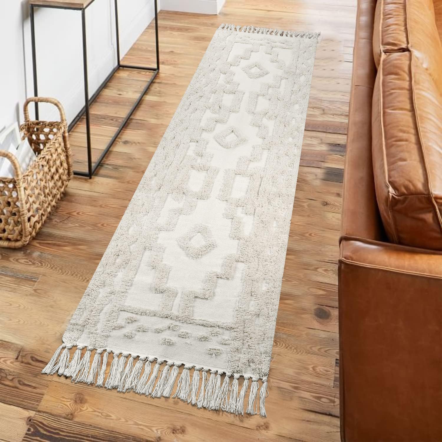 Uphome Boho Bathroom Rug 2' x 3', Washable Small Farmhouse Bedroom Rugs with Tassels, Beige Geometric Bath Mats for Home Decor, Cotton Woven Moroccan Tufted Throw Rug for Entryway Front Door Kitchen