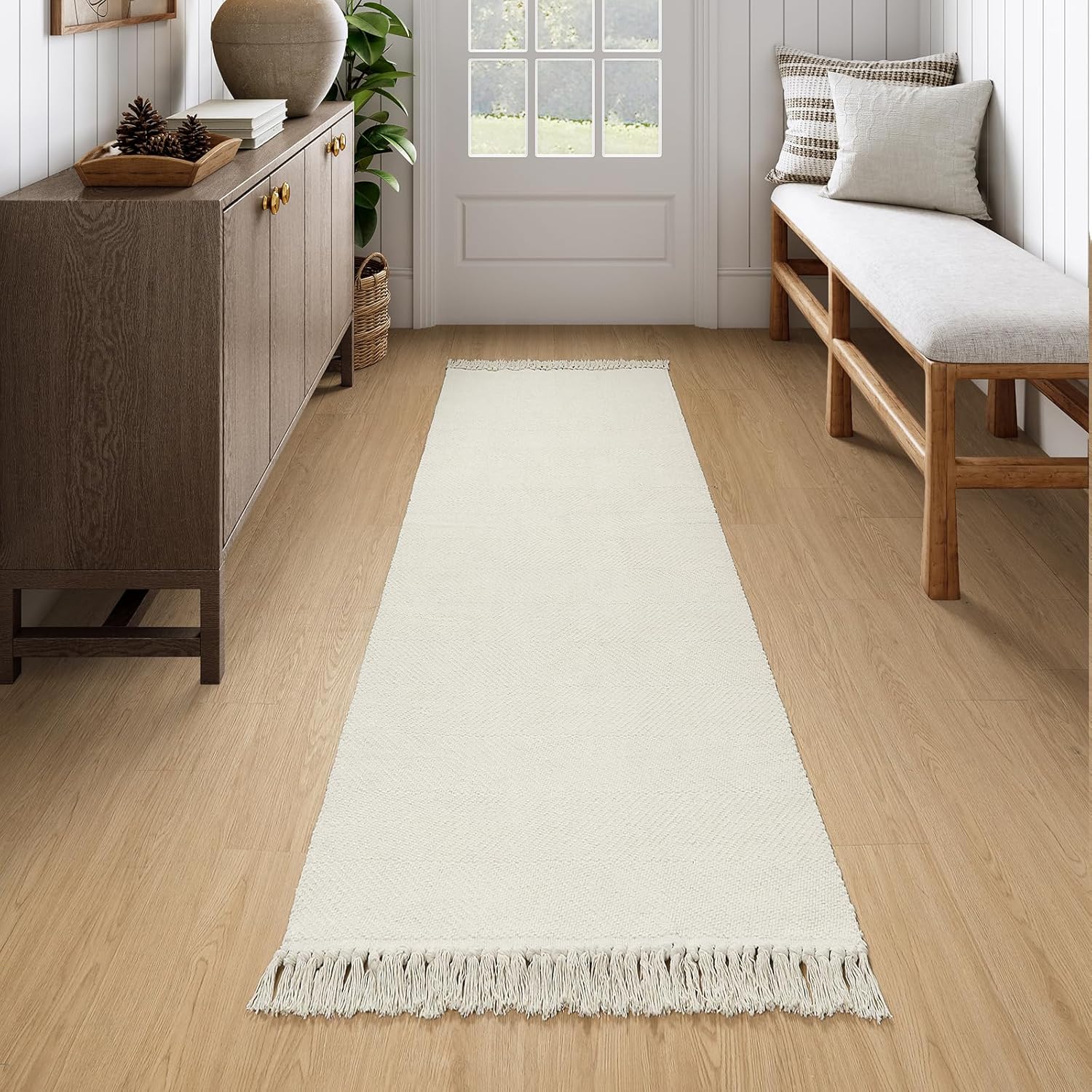 Collive 4x6 Area Rug, Natural/Black Woven Cotton Washable Modern Bedroom Rugs, Boho Dining Room Door Rug Carpet with Tassel for Living Room Nursery Room Office, Outdoor Rug for Patio Hallway Decor