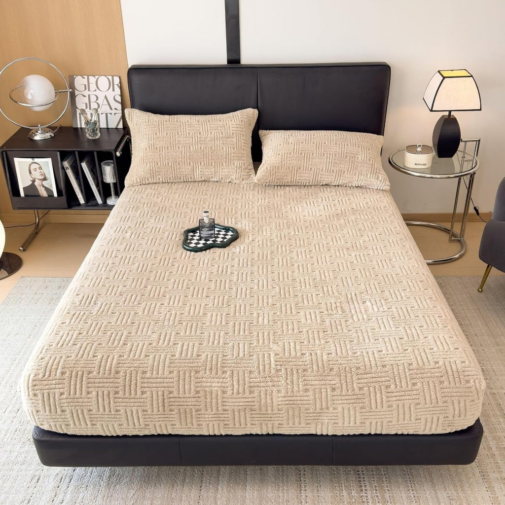 ZIQINPSQ Twin Size Flannel Fitted Sheet - 1 Piece Winter Warm Deep Pocket (15") Bed Sheet, Shrink & Fade Resistant, Hotel Quality, Wheat
