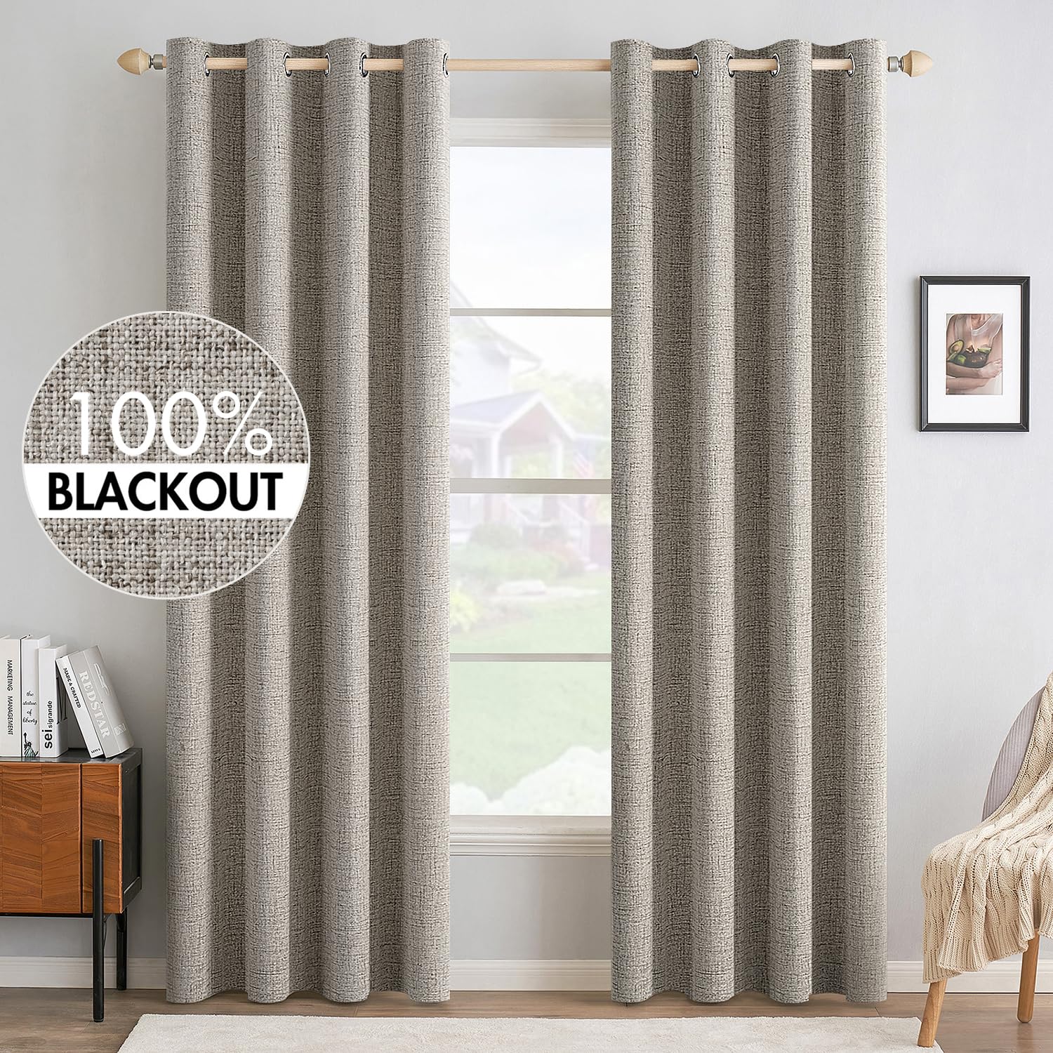 MIULEE 100% Blackout Linen Textured Curtains for Bedroom Solid Thermal Insulated Natural Beige Grommet Room Darkening Curtains & Drapes Luxury Decor for Living Room Nursery 52 x 96 Inch (2 Panels)