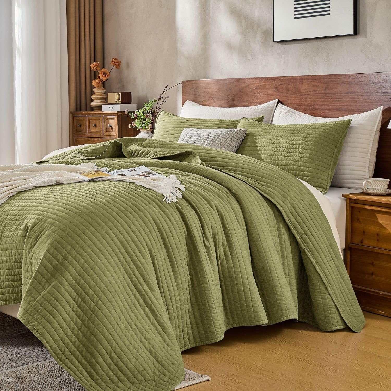 DOWN HOME Queen Quilt Bedding Set with Shams, Vintage Washed Soft Quilted Blanket Thin Comforter Lightweight Bedspread Coverlet Bed Cover, Brushed Microfiber Stripe Stitching, Linen White, 86"x90"