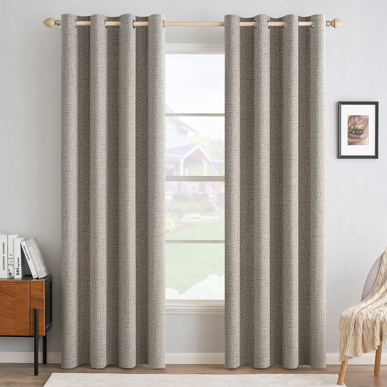 MIULEE 100% Blackout Linen Textured Curtains for Bedroom Solid Thermal Insulated Cream Grommet Room Darkening Curtains & Drapes Luxury Decor for Living Room Nursery 52 x 84 Inch (2 Panels)