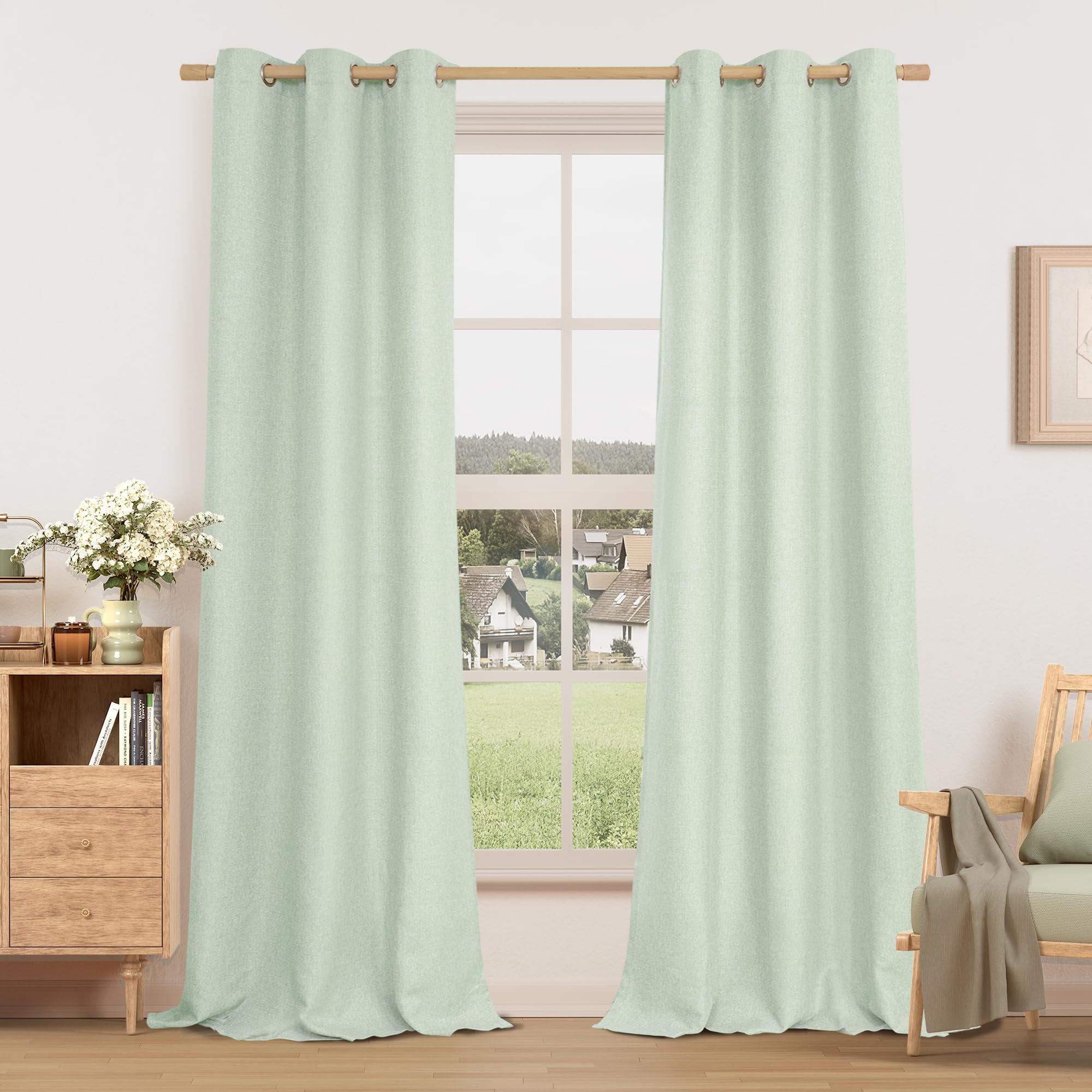 LAMIT Linen Curtains 84 inch Length 2 Panels, Grommet Thick Soft Light Filtering Curtains Privacy Living Room Window Drapes for Bedroom/Farmhouse, W52 x L84, Natural Beige