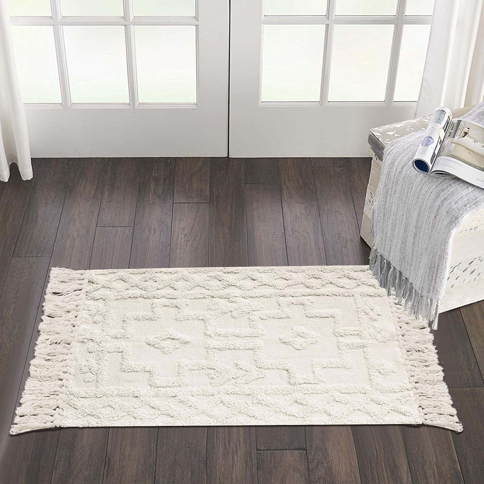 Uphome Boho Hallway Runner Rug 2'x 6', Beige Cotton Washable Kitchen Rug Runners with Tassels, Hand Woven Western Entryway Runner Rugs, Morrocan Accent Throw Carpet for Hallways Bedroom Bathroom