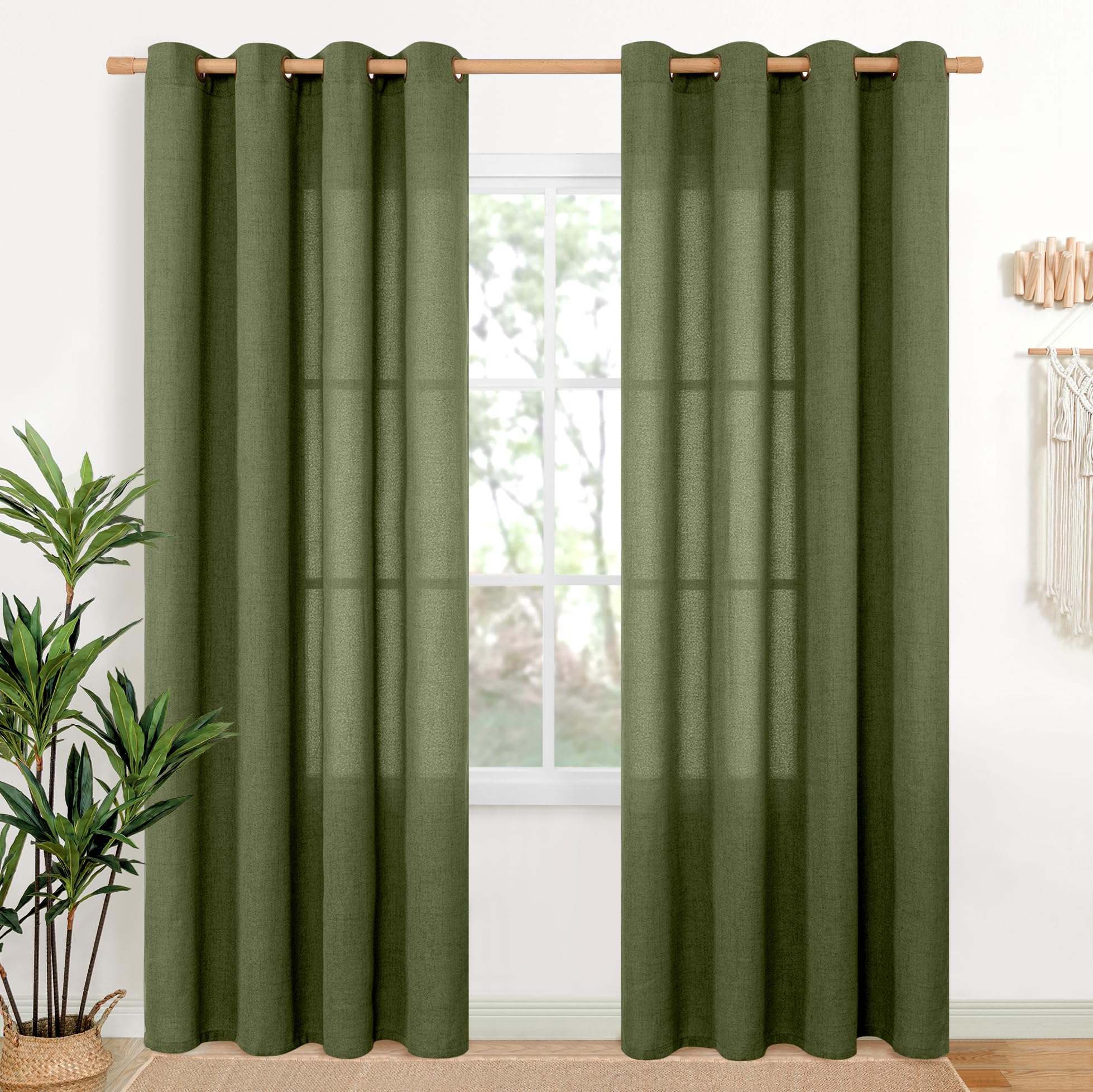 YoungsTex Linen Semi Sheer Curtains 63 Inch Length 2 Panels for Living Room - Light Filtering Drapes with Bronze Grommet Beige Window Treatments for Country Office Bedroom, 52 X 63 Inch