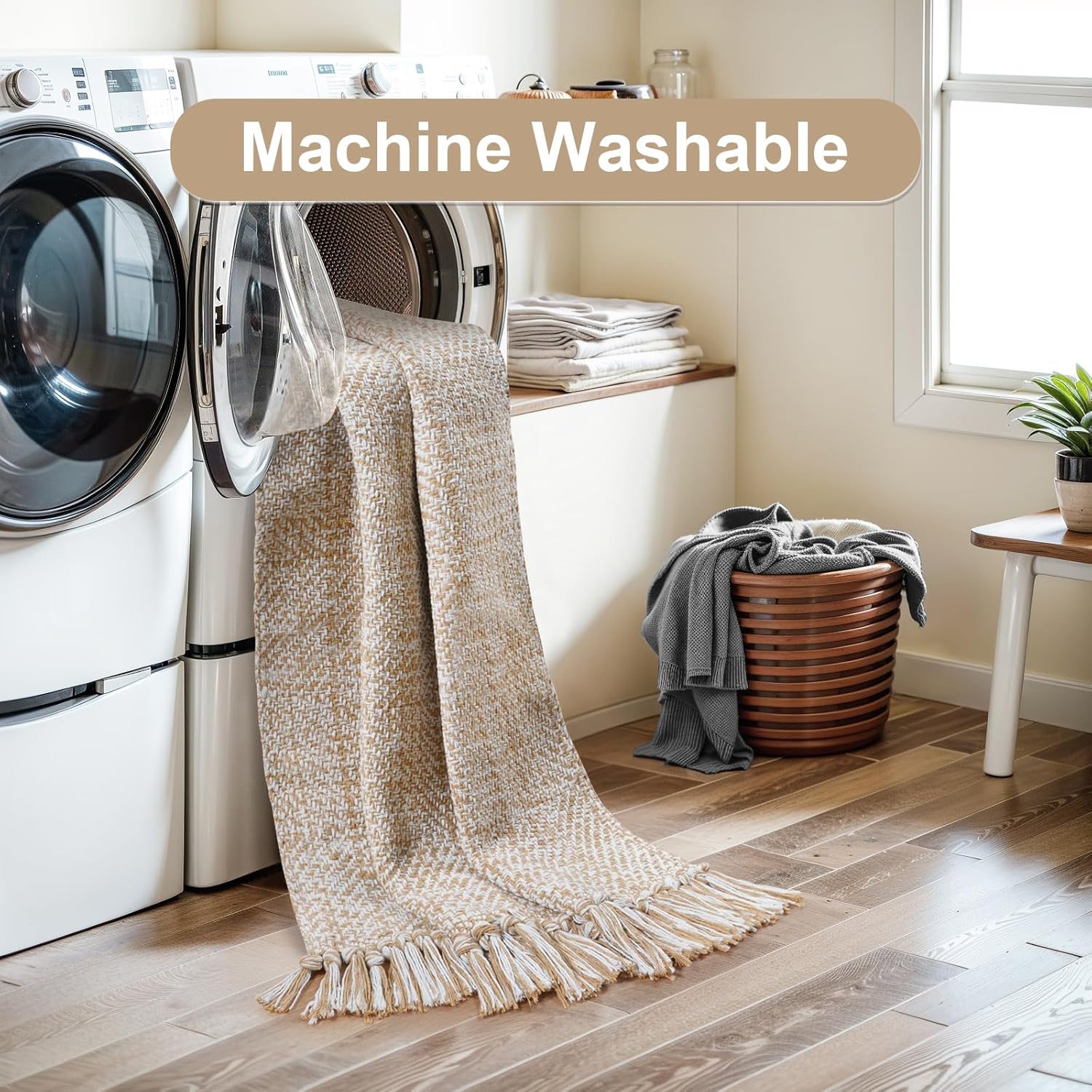 Collive Washable Area Rug 3' x 5', Modern Farmhouse Woven Kitchen Rugs, Tan/Cream Indoor Outddor Mat Braided Throw Carpet for Entryway Bedroom Nursery Laundry Living Room