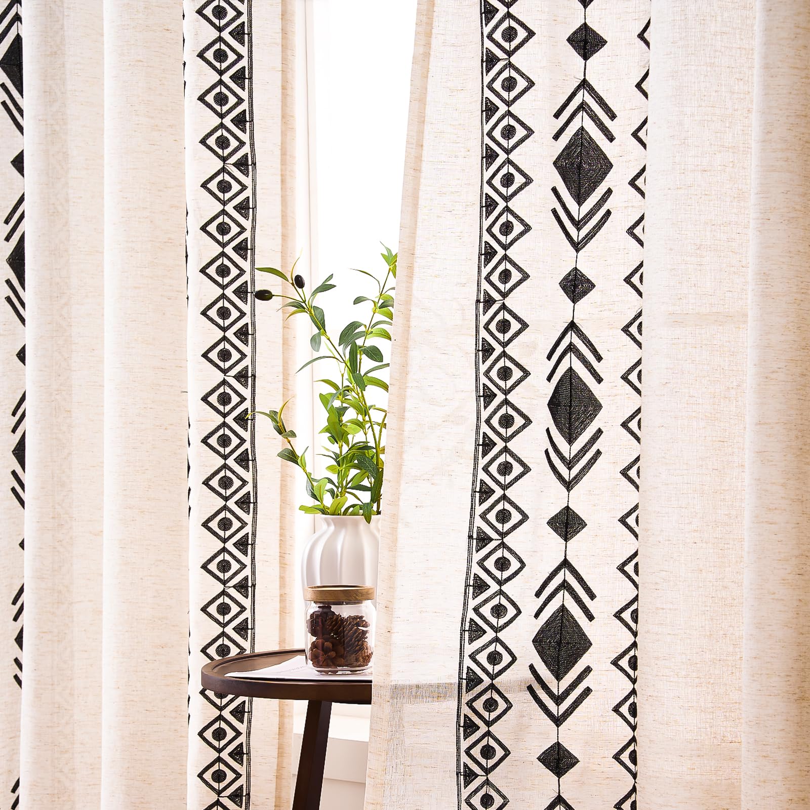 Beige Boho Curtains 63 Inches Long 2 Panels Neutral Linen Textured Curtains for Living Room Bedroom Cream Geometric Embroidered Grommet Top Light Filtering Window Drapes Taupe on Beige