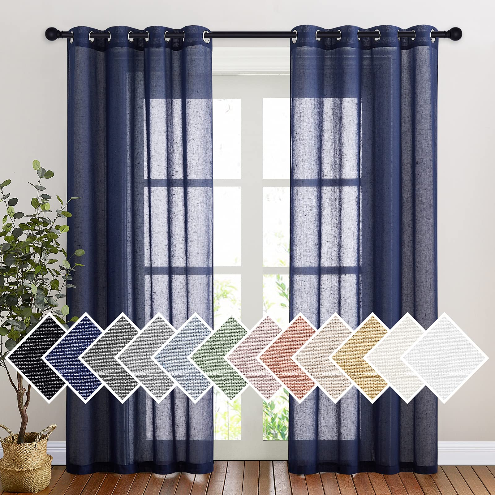 NICETOWN Semi Sheer Linen Curtains for Bedroom 84 inches Long, Grommet Privacy Vertical Farmhouse Window with Light Filtering for Living Room, Natural, W52 x L84, 2 Pieces