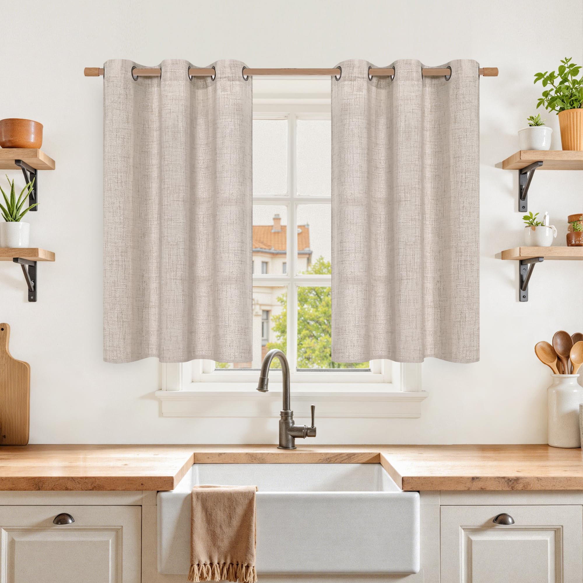 YoungsTex Linen Semi Sheer Curtains 63 Inch Length 2 Panels for Living Room - Light Filtering Drapes with Bronze Grommet Beige Window Treatments for Country Office Bedroom, 52 X 63 Inch