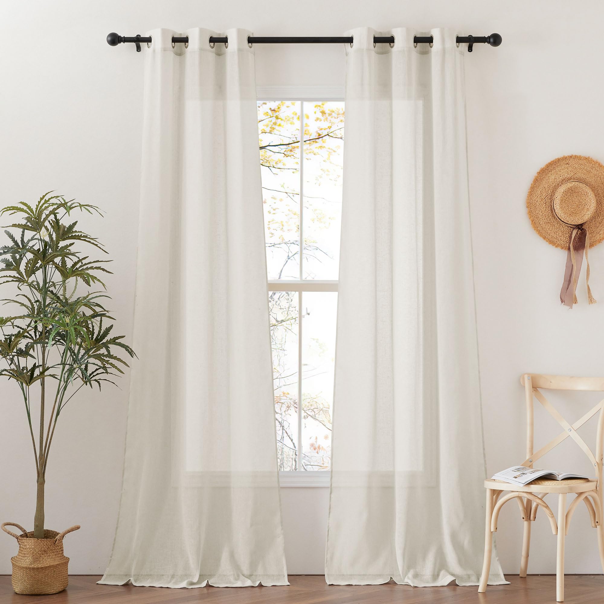 NICETOWN Semi Sheer Linen Curtains for Bedroom 84 inches Long, Grommet Privacy Vertical Farmhouse Window with Light Filtering for Living Room, Natural, W52 x L84, 2 Pieces