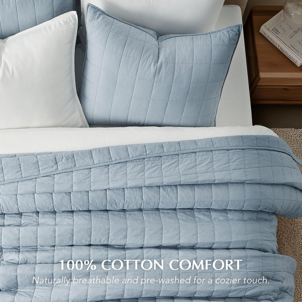 EVERGRACEHOME 100% Cotton Box Stitch Quilt Bedding Set Queen Size 3 Pieces, Garment-Washed Lightweight Soft Cozy Coverlet, Quilted Bedspread Sets with 2 Shams for All Season, Blue Linen | Box Stitch Design, 100% Cotton, Soft, Oversized, Pre Washed, Oeko-T