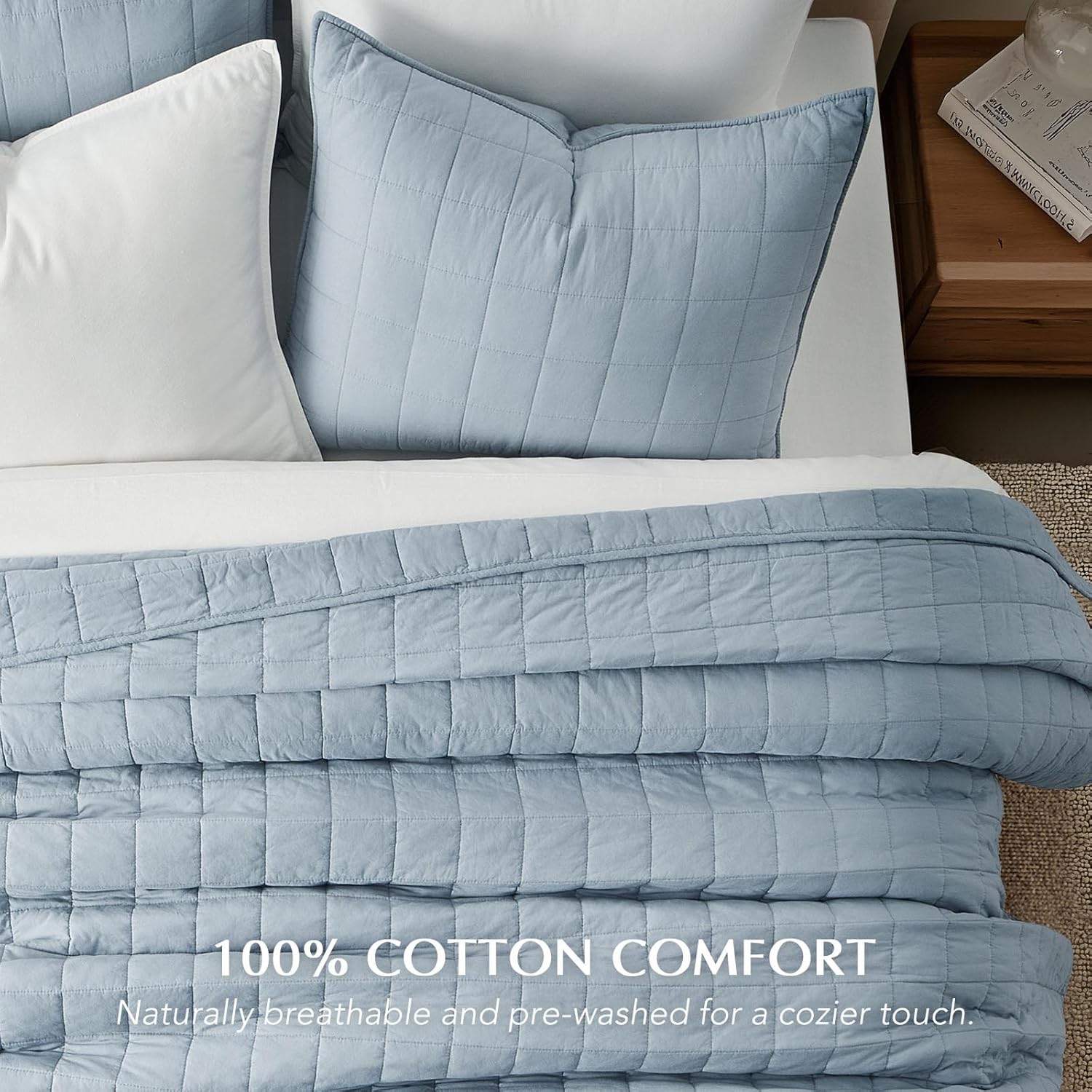 EVERGRACEHOME 100% Cotton Box Stitch Quilt Bedding Set Queen Size 3 Pieces, Garment-Washed Lightweight Soft Cozy Coverlet, Quilted Bedspread Sets with 2 Shams for All Season, Blue Linen | Box Stitch Design, 100% Cotton, Soft, Oversized, Pre Washed, Oeko-T