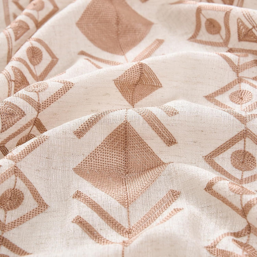 Beige Boho Curtains 63 Inches Long 2 Panels Neutral Linen Textured Curtains for Living Room Bedroom Cream Geometric Embroidered Grommet Top Light Filtering Window Drapes Taupe on Beige