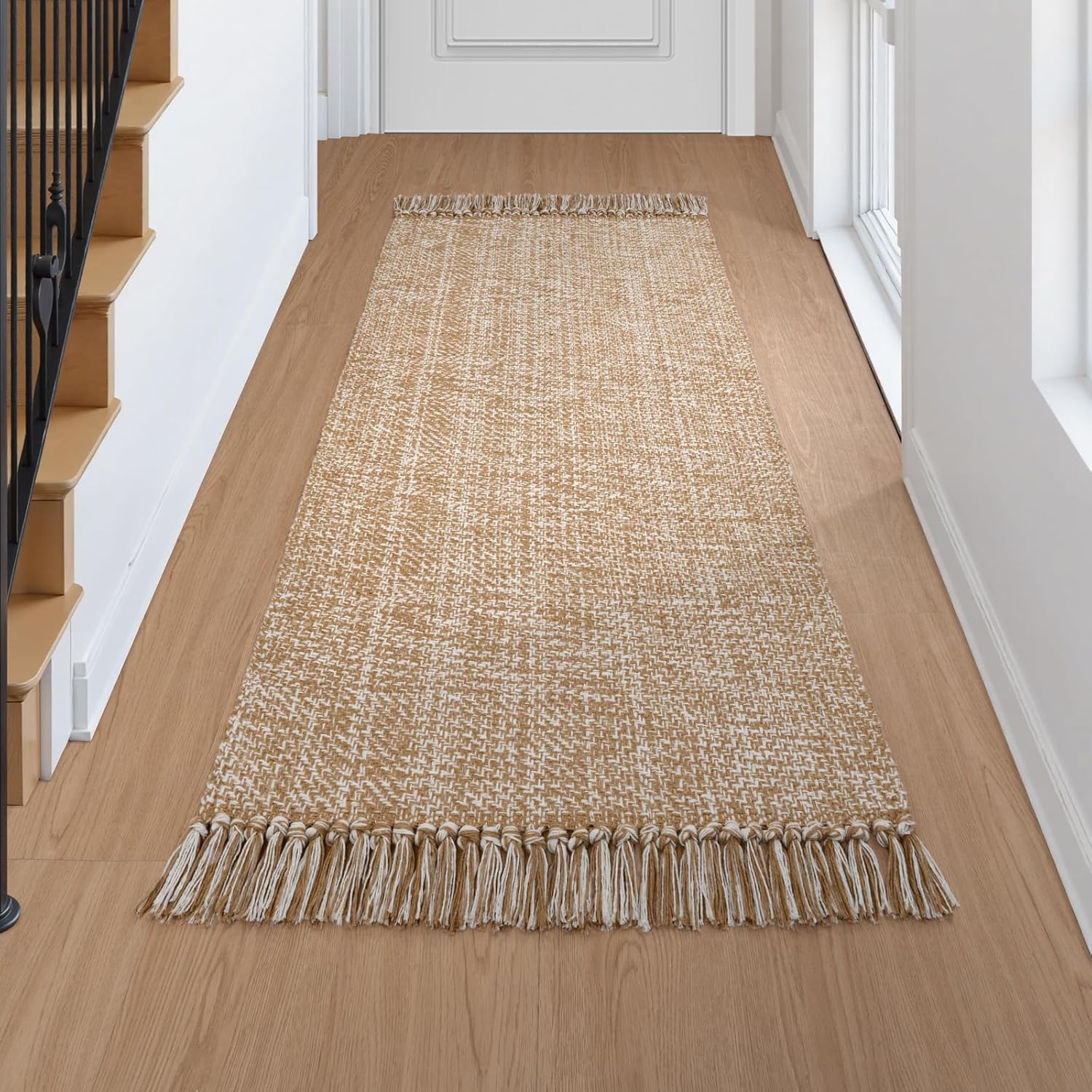 Collive 4x6 Area Rug, Natural/Black Woven Cotton Washable Modern Bedroom Rugs, Boho Dining Room Door Rug Carpet with Tassel for Living Room Nursery Room Office, Outdoor Rug for Patio Hallway Decor