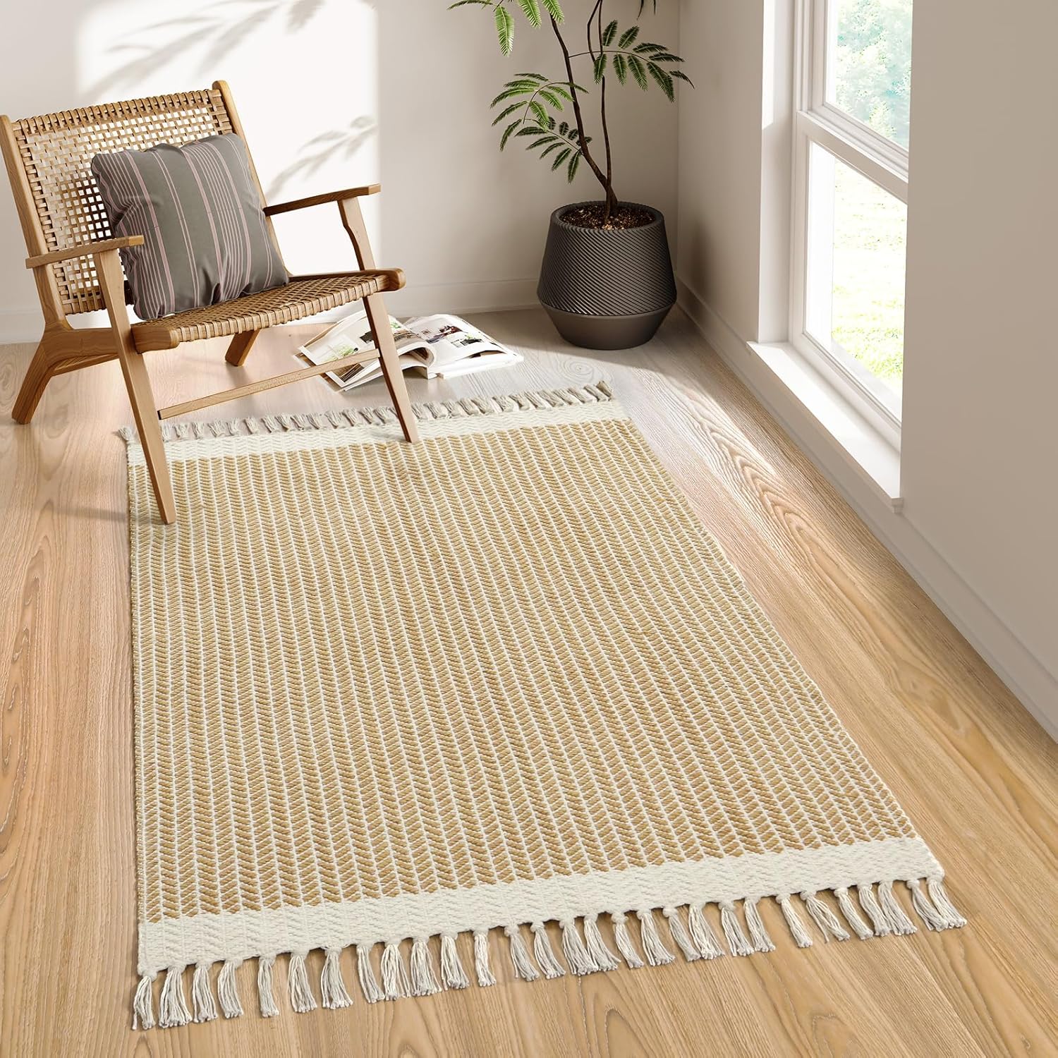 Lahome Belle Boho Hallway Runner Rug, 2x6 Laundry Room Lightweight Entry Woven Cotton Throw Mat with Tassels, Farmhouse Non Shedding Washable Black Low Pile Runner for Kitchen Bathroom
