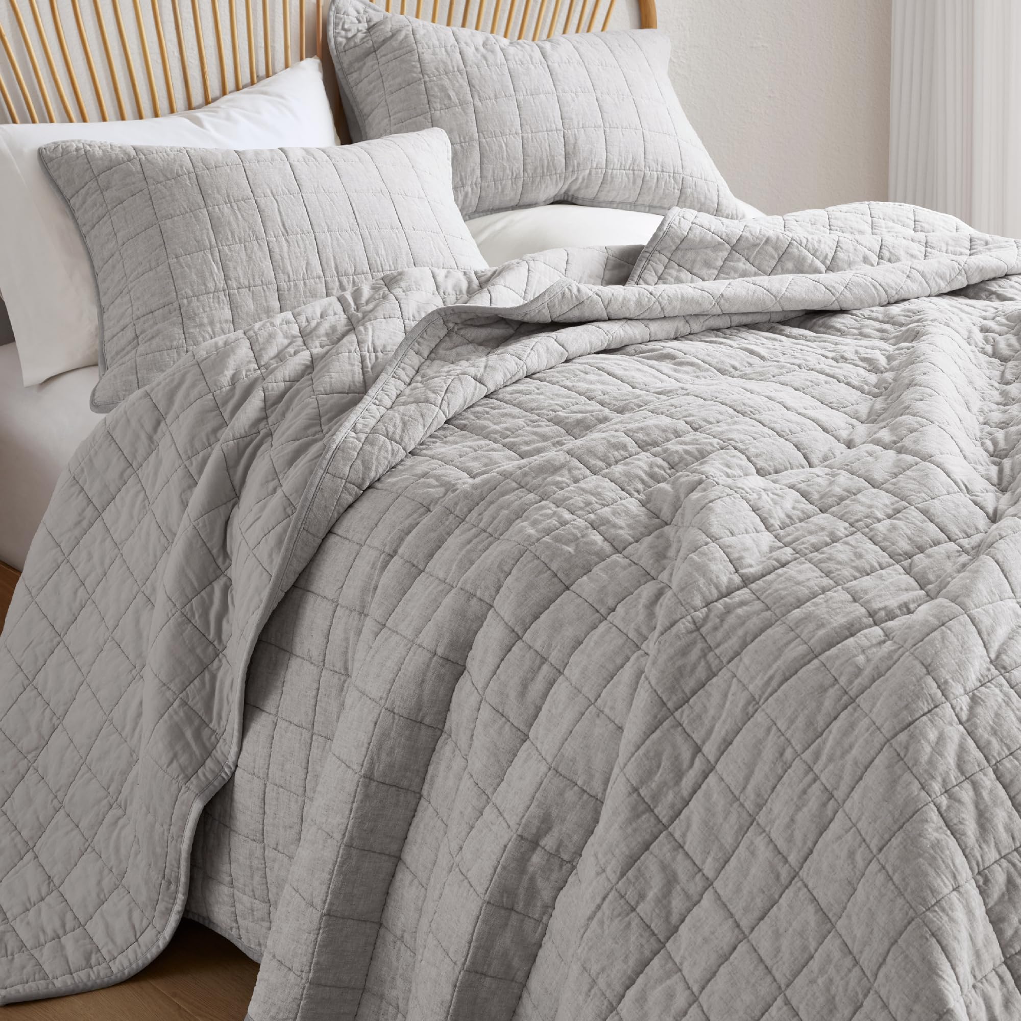 Hyde Lane Linen Quilt Set Queen Size - Breathable Box Stitched European Flax Bedding Set for Bedspread and Coverlet, with 2 Pillow Shams, 90"x96", Linen