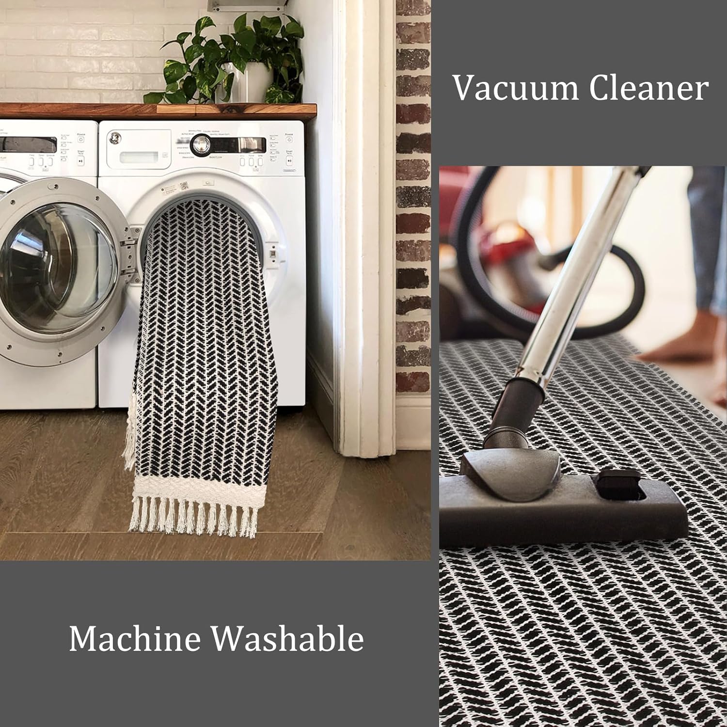 Lahome Belle Boho Hallway Runner Rug, 2x6 Laundry Room Lightweight Entry Woven Cotton Throw Mat with Tassels, Farmhouse Non Shedding Washable Black Low Pile Runner for Kitchen Bathroom