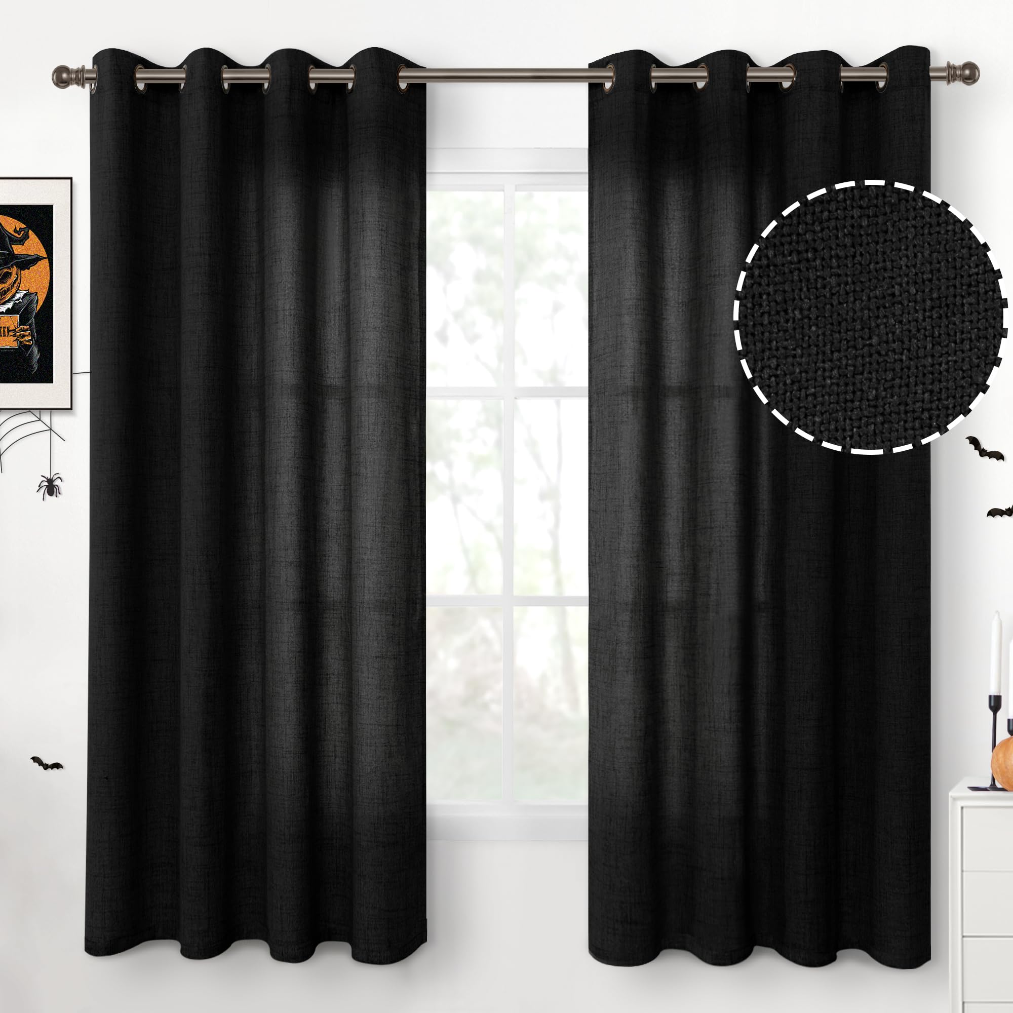YoungsTex Linen Semi Sheer Curtains 63 Inch Length 2 Panels for Living Room - Light Filtering Drapes with Bronze Grommet Beige Window Treatments for Country Office Bedroom, 52 X 63 Inch