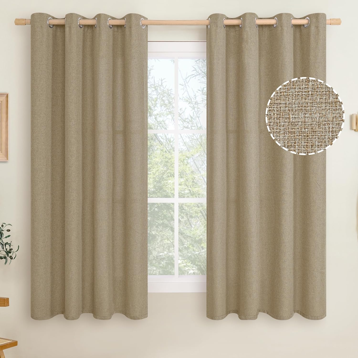 LAMIT Linen Curtains 84 inch Length 2 Panels, Grommet Thick Soft Light Filtering Curtains Privacy Living Room Window Drapes for Bedroom/Farmhouse, W52 x L84, Natural Beige