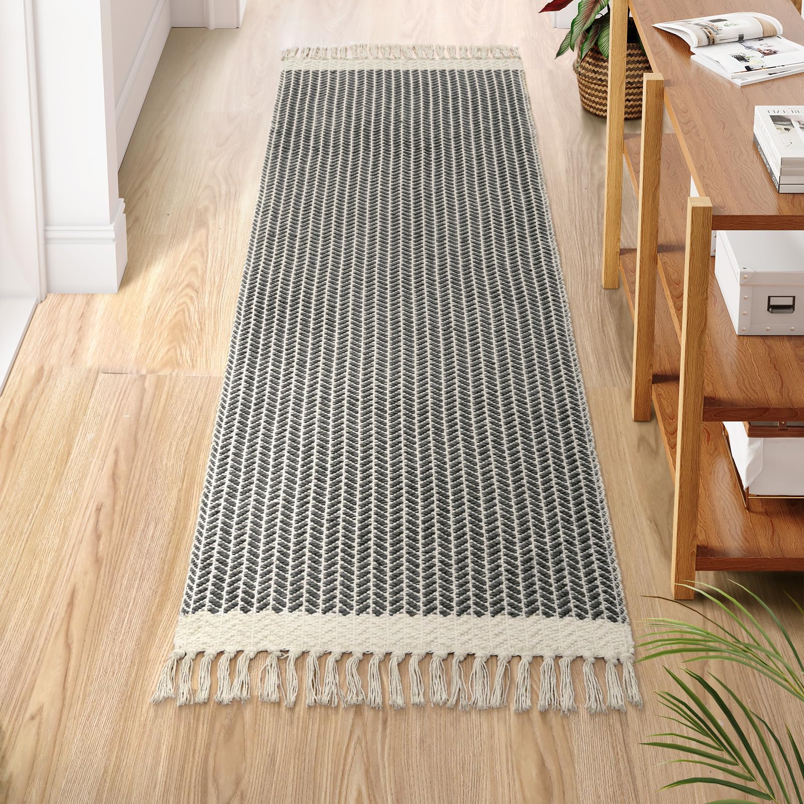 Lahome Belle Boho Hallway Runner Rug, 2x6 Laundry Room Lightweight Entry Woven Cotton Throw Mat with Tassels, Farmhouse Non Shedding Washable Black Low Pile Runner for Kitchen Bathroom
