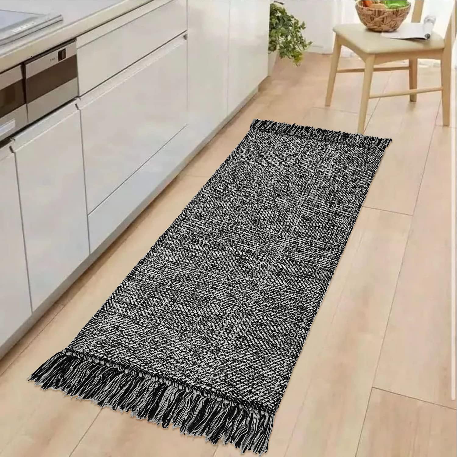 Collive 4x6 Area Rug, Natural/Black Woven Cotton Washable Modern Bedroom Rugs, Boho Dining Room Door Rug Carpet with Tassel for Living Room Nursery Room Office, Outdoor Rug for Patio Hallway Decor
