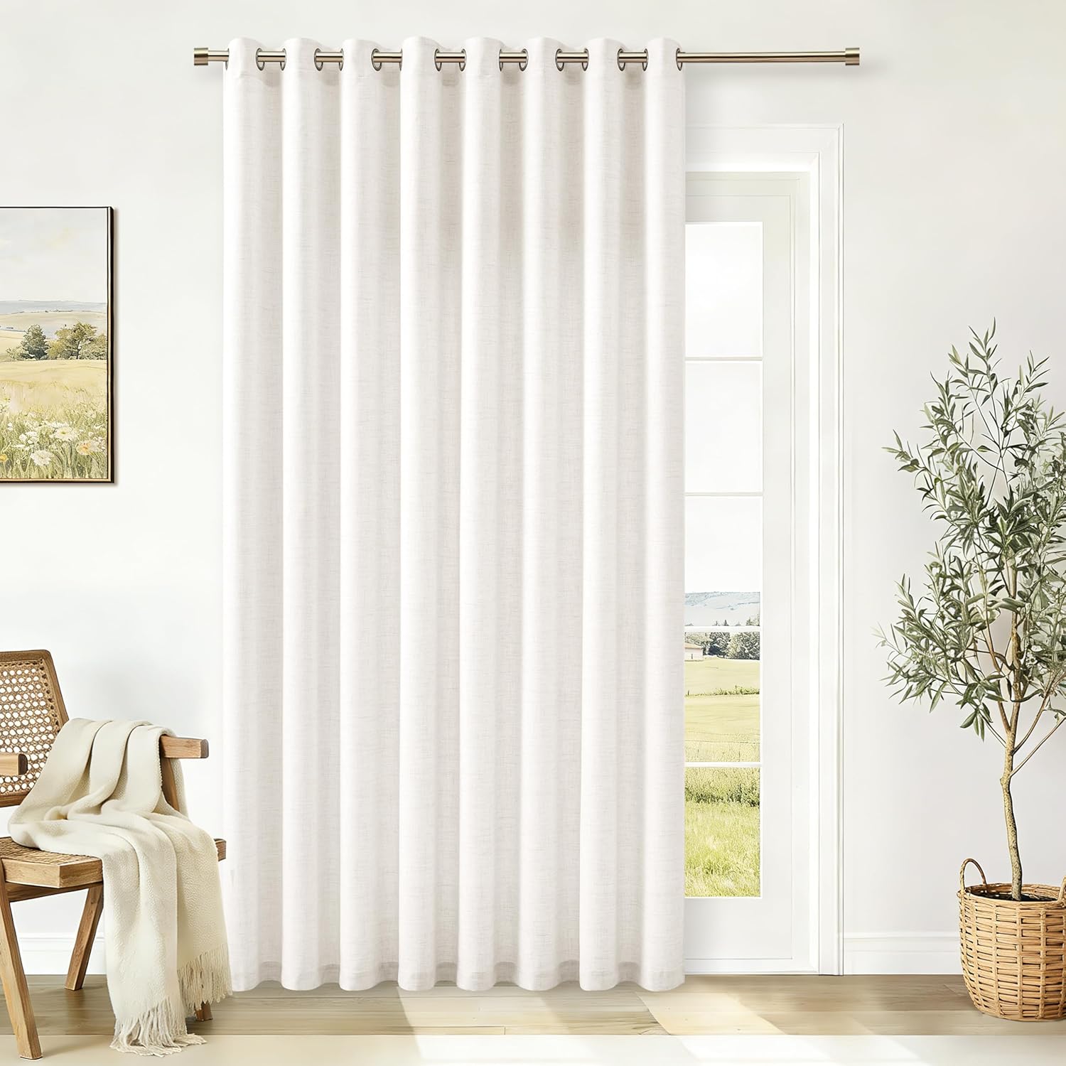 Natural Linen Curtains 96 Inches Long 2 Panels Bronze Grommet Curtain Burlap Ivory Cream Colored Light Filtering Semi Sheer Drapes Thick Linen Blend Floor to Ceiling Length Living Room 8ft