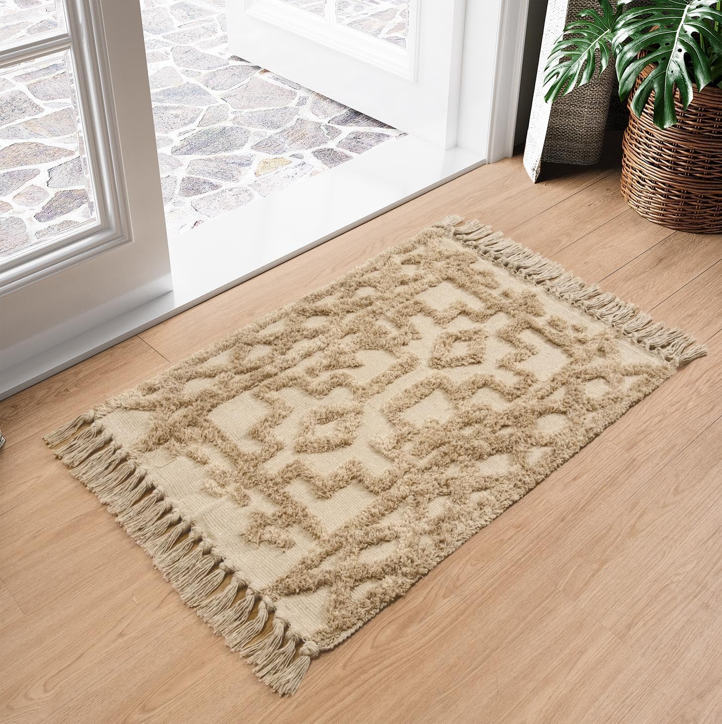 Uphome Boho Bathroom Rug 2' x 3', Washable Small Farmhouse Bedroom Rugs with Tassels, Beige Geometric Bath Mats for Home Decor, Cotton Woven Moroccan Tufted Throw Rug for Entryway Front Door Kitchen