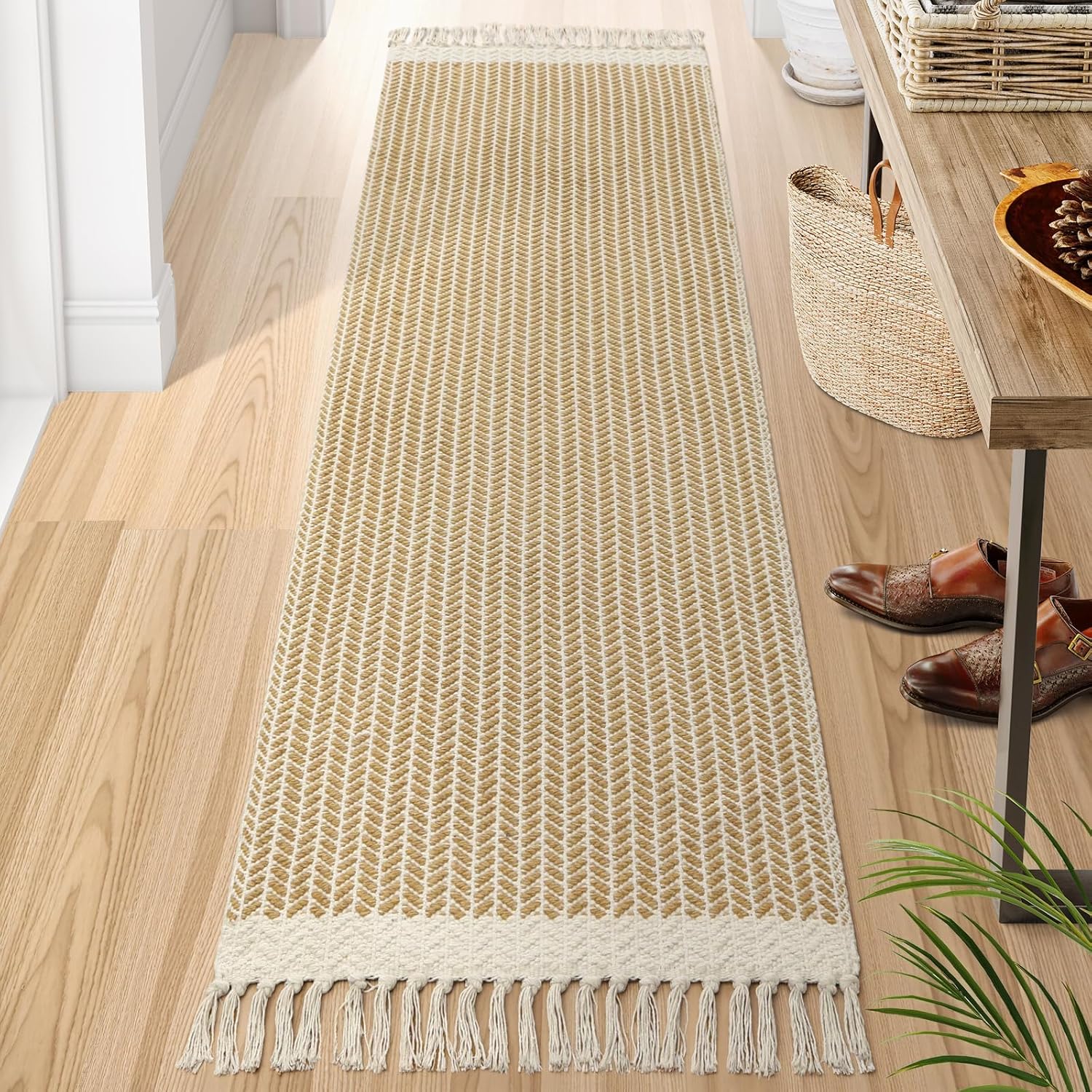 Lahome Belle Boho Hallway Runner Rug, 2x6 Laundry Room Lightweight Entry Woven Cotton Throw Mat with Tassels, Farmhouse Non Shedding Washable Black Low Pile Runner for Kitchen Bathroom
