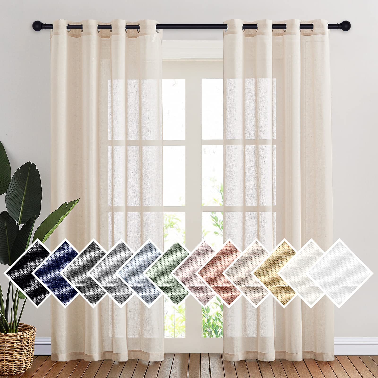 NICETOWN Semi Sheer Linen Curtains for Bedroom 84 inches Long, Grommet Privacy Vertical Farmhouse Window with Light Filtering for Living Room, Natural, W52 x L84, 2 Pieces