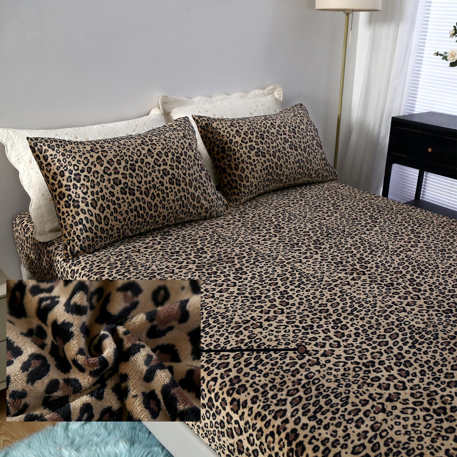 MAG 3Pcs Fleece Fitted Sheet Full Size with Brown Floral Pattern, Super Cute Fluffy Warm Flower Print Decor Bottom Sheets for Women Girls,included1*Fitted Sheet and 2*Pillowcases.