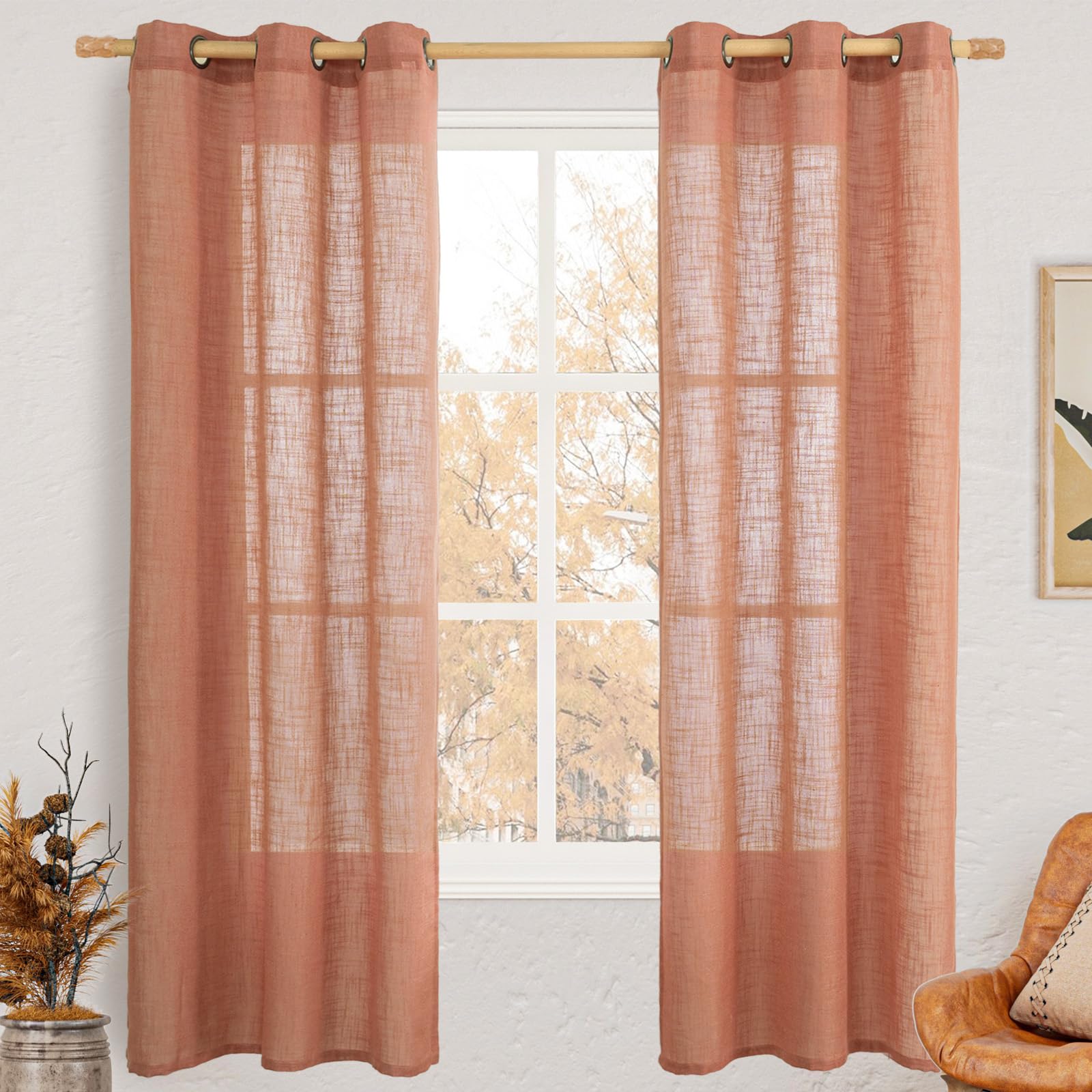 LAMIT Natural Ivory Linen Semi Sheer Curtains 84 inch Length, Cream Light Filtering Soft Thick Neutral Living Room Drapes with Bronze Grommet for Bedroom/Farmhouse, 2 Panels, 52 x 84 Inch
