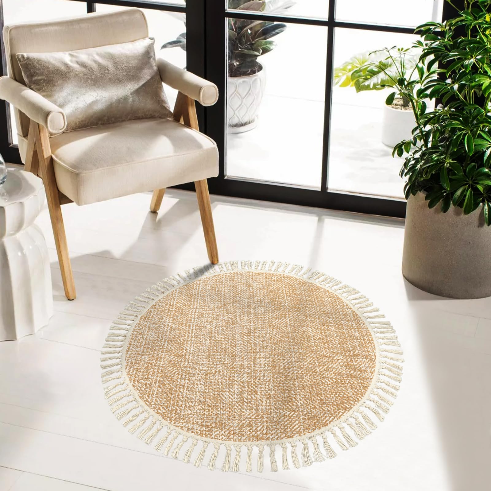 Collive Washable Area Rug 3' x 5', Modern Farmhouse Woven Kitchen Rugs, Tan/Cream Indoor Outddor Mat Braided Throw Carpet for Entryway Bedroom Nursery Laundry Living Room