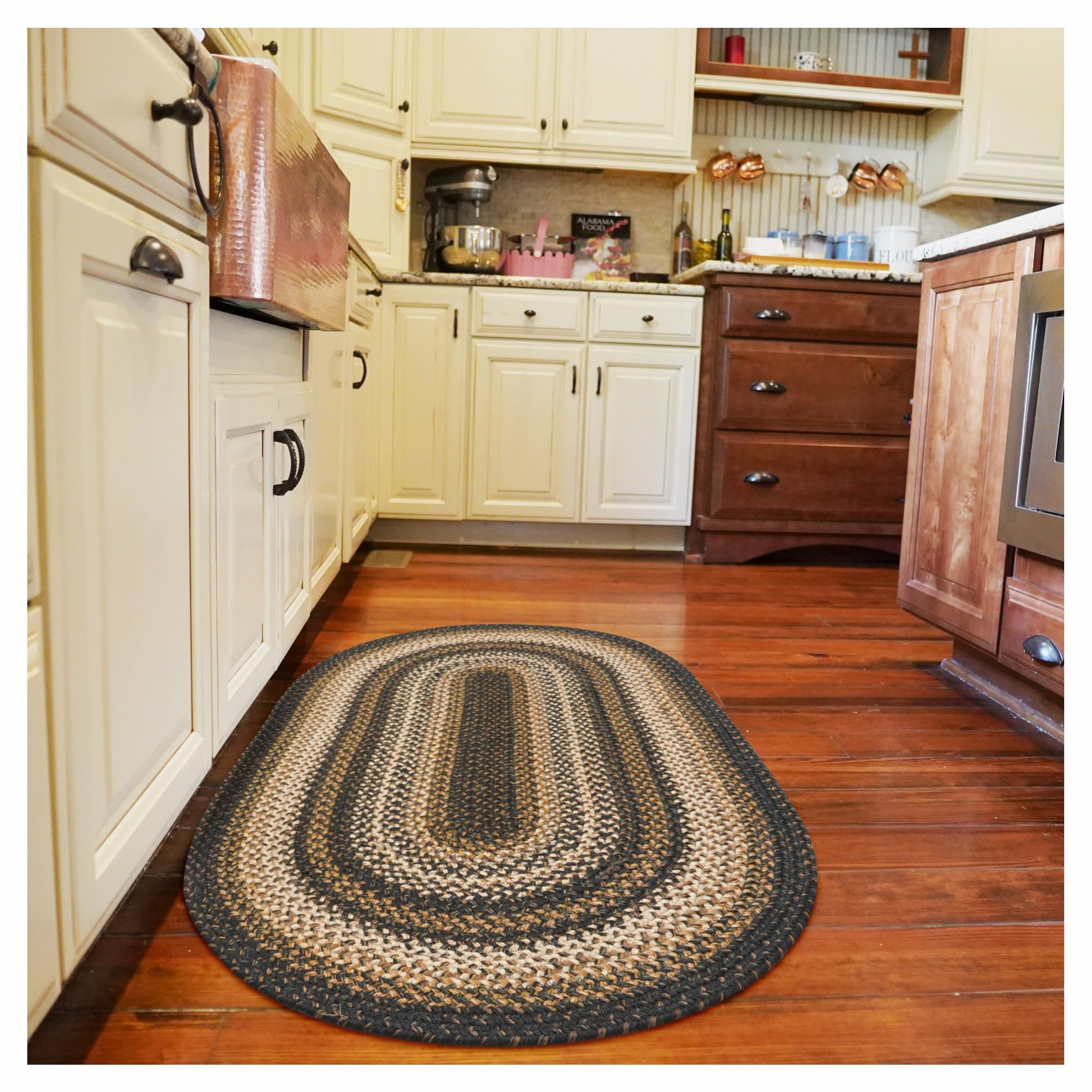Homespice Gingerbread Black & Brown Braided Rug 20x30 - Jute Braided Kitchen Rugs for Country, Primitive Decor, Reversible, Pet-Friendly, Durable & Easy to Maintain