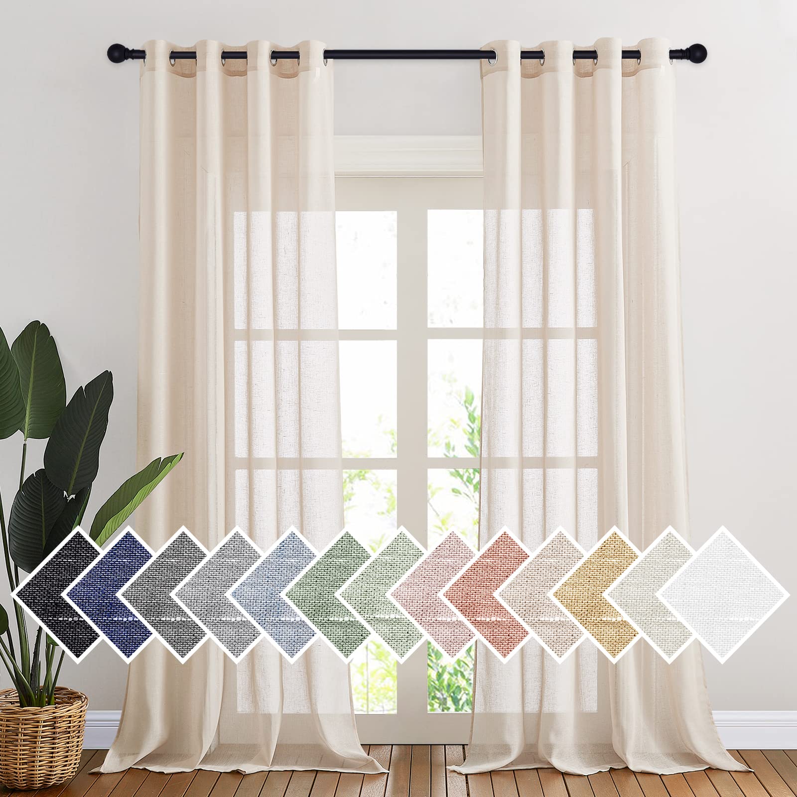 NICETOWN Semi Sheer Linen Curtains for Bedroom 84 inches Long, Grommet Privacy Vertical Farmhouse Window with Light Filtering for Living Room, Natural, W52 x L84, 2 Pieces