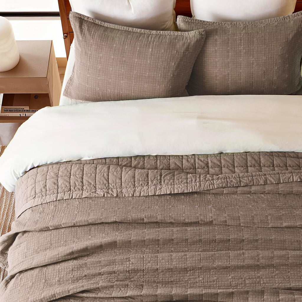 EVERGRACEHOME Stonewashed Cotton Quilt Set King Size, Ultra Soft Oversized Bedspread Coverlet Set, Lightweight Crinkle Box Stitch Bedding Sets for All Season, with 2 Shams, Mocha Brown