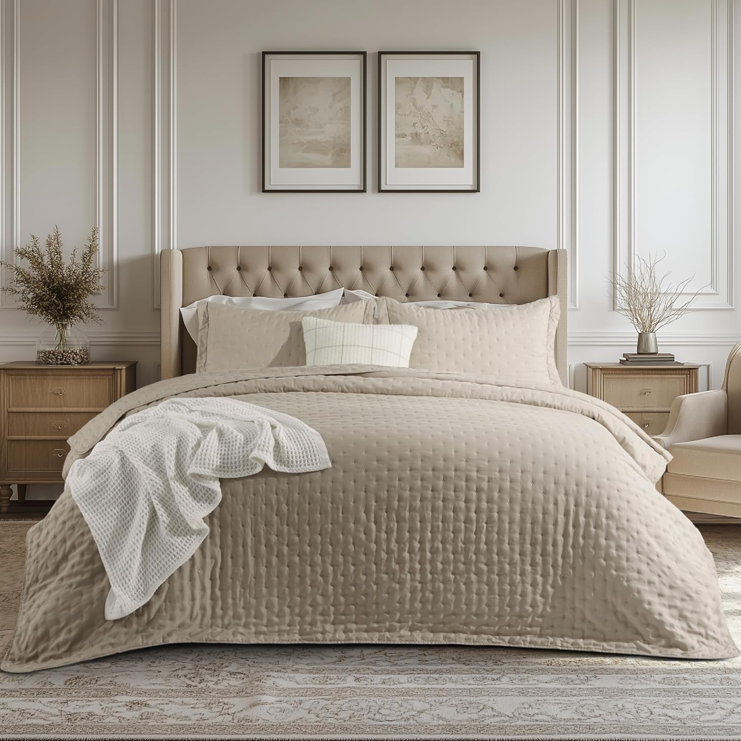 Bedsure Quilts Queen Size - Linen Bedspread Queen Size & Lightweight Comforter, Modern Farmhouse Coverlet with Clover Pattern, Ultra Soft All-Season Bedding, 90 x 96 Inches | Stitch-Free Quilting, Ultra Soft, Lightweight, Machine Washable, Pet-Friendly