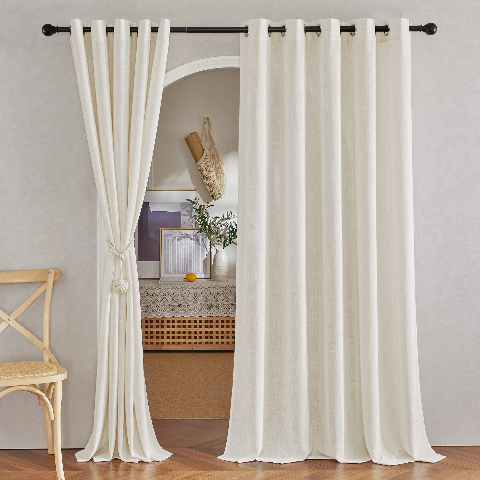NICETOWN Semi Sheer Linen Curtains for Bedroom 84 inches Long, Grommet Privacy Vertical Farmhouse Window with Light Filtering for Living Room, Natural, W52 x L84, 2 Pieces