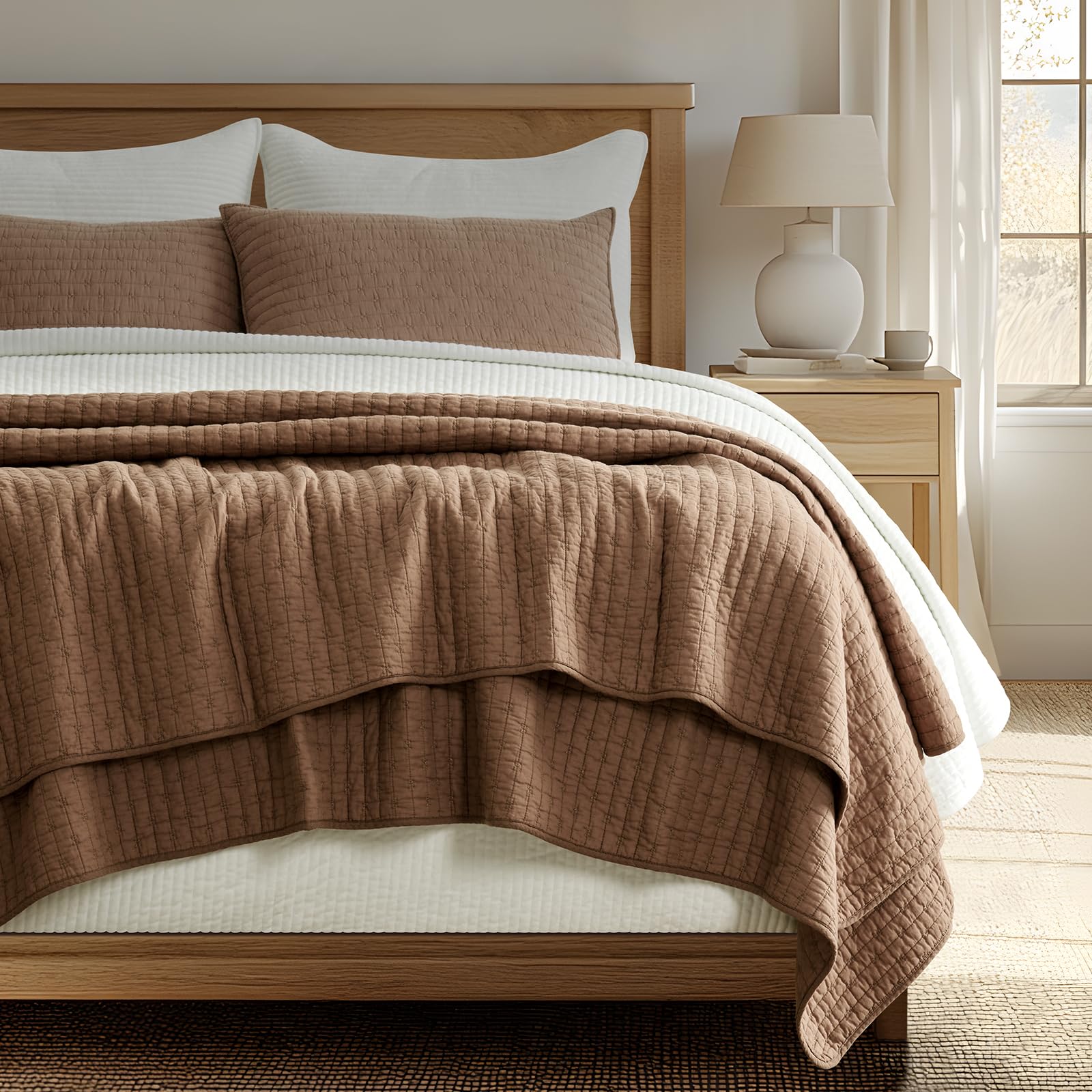 EVERGRACE Cotton Border Frame Tack-Stitch Quilt Bedding Set King Size, Coastal Oversized 3 Pieces Lightweight Bedspread Coverlet for All Season, with 2 Matching Shams, Blue Linen | Pick-Stitch Channel, Border Frame, Pre Washed, Oeko-Tex Certified, 100% Co