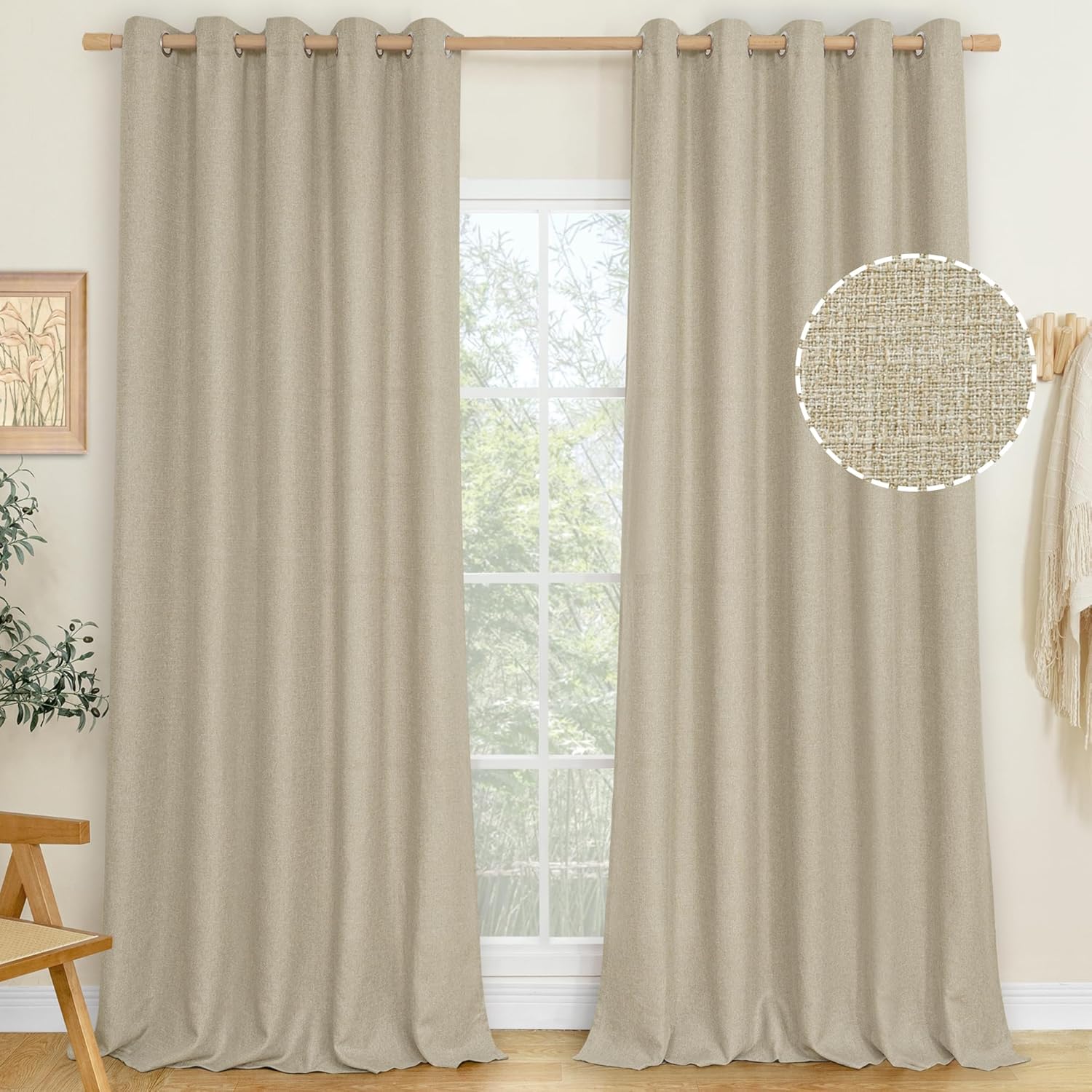 LAMIT Linen Curtains 84 inch Length 2 Panels, Grommet Thick Soft Light Filtering Curtains Privacy Living Room Window Drapes for Bedroom/Farmhouse, W52 x L84, Natural Beige
